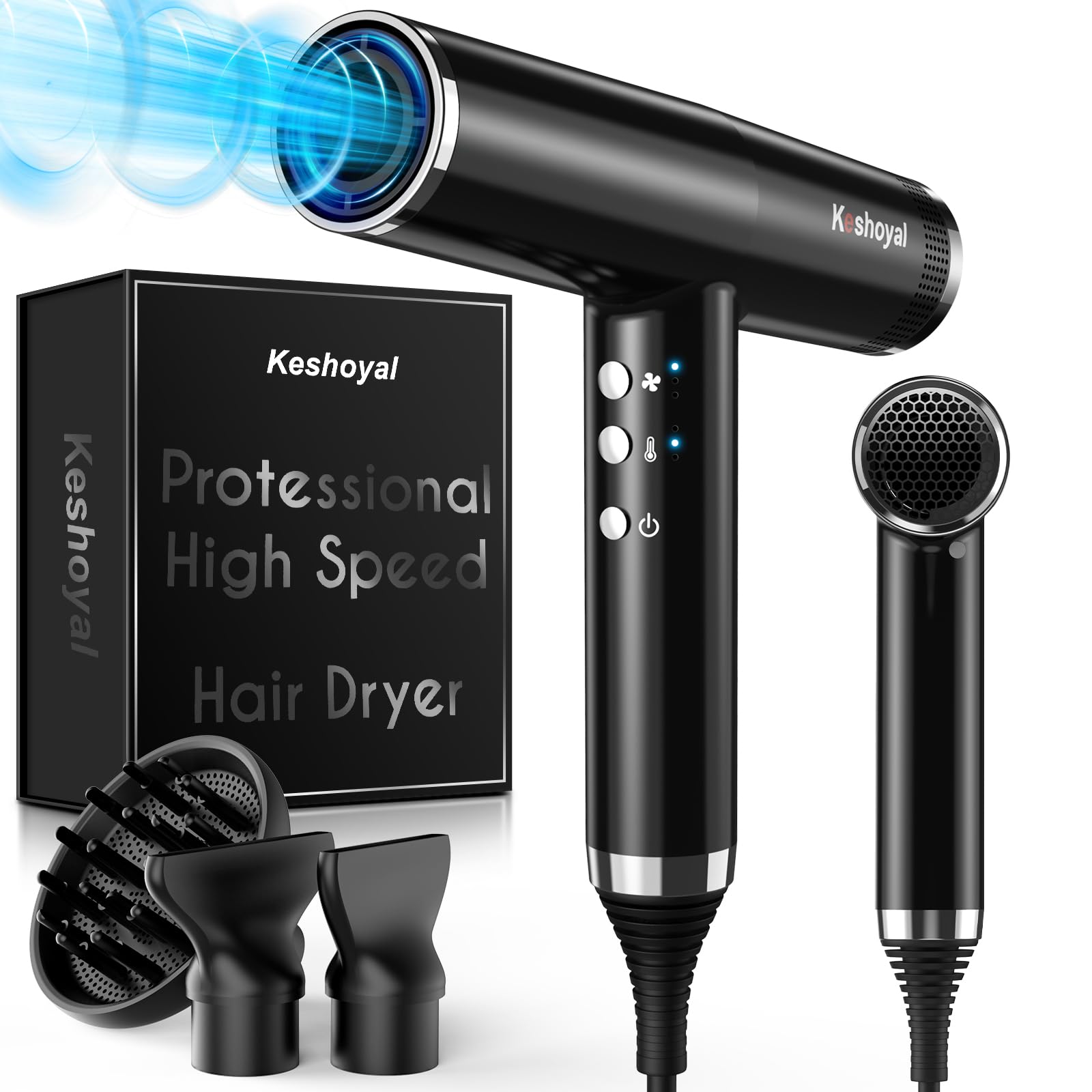 Professional High Speed Hair Dryer, Ionic Hair Dryer 110,000 RPM Brushless Motor for Fast Drying,1600W Low Noise Blow Dryer, Portable Hair Dryer for Travel Home Gift (Black)