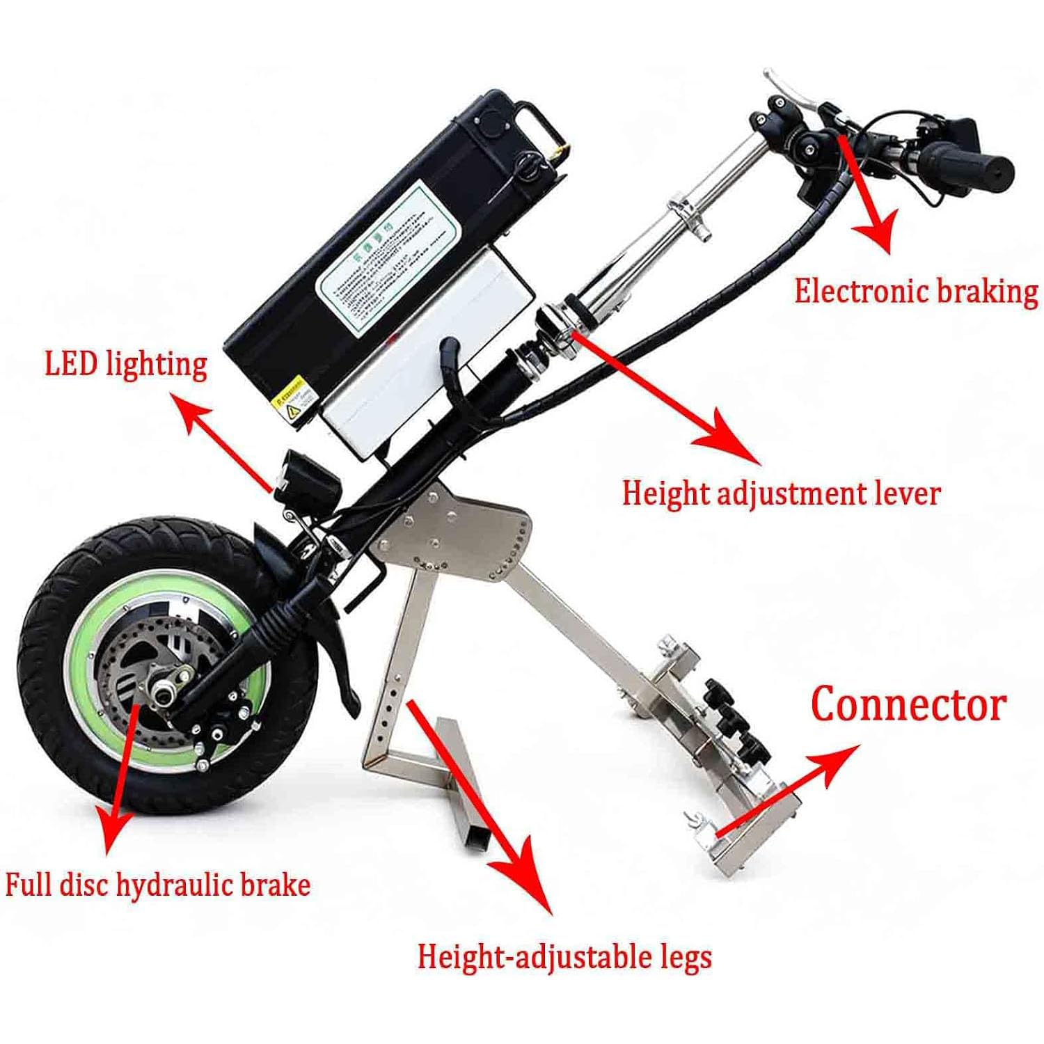 Dispositivo de tracción para Silla de Ruedas de 500 W (Manillar y estabilizadores mejorados), 3 velocidades con luz Delantera y Amortiguador,batería de 48 V, 15/17 Ah,001,A15ah/65KM