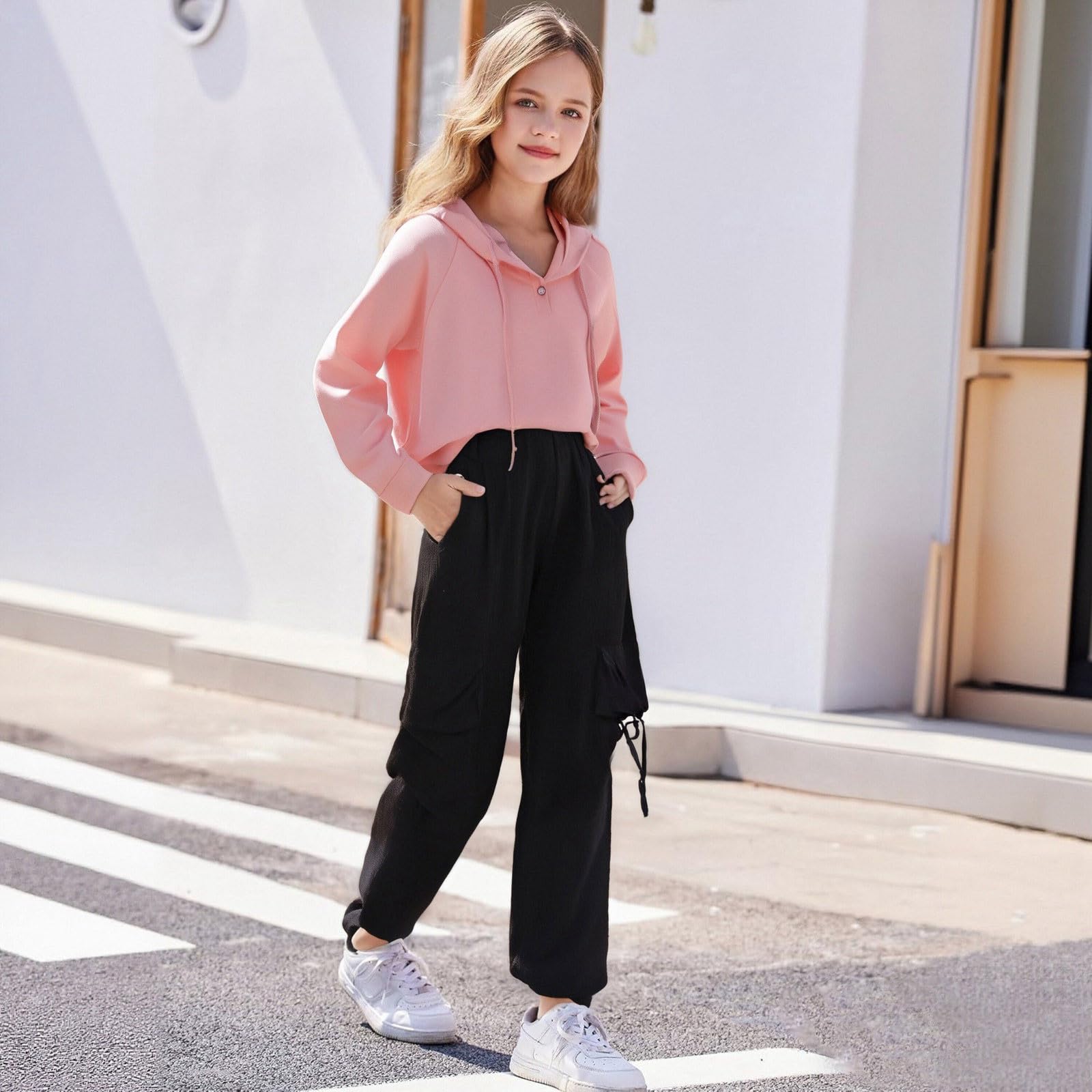 Conjuntos de ropa para niñas, sudadera con capucha y pantalones deportivos de pierna ancha, ropa escolar informal para estudiantes adolescentes, cómodo y moderno.