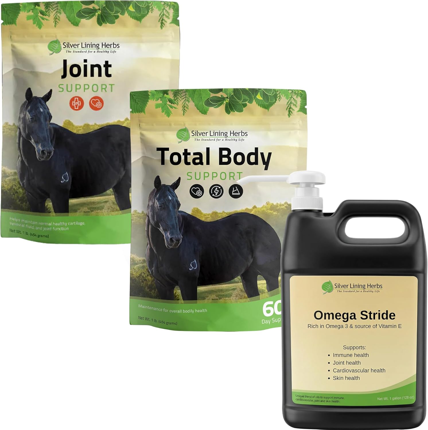 Silver Lining Herbs Senior Horse Supplement Bundle – Omega Stride, Total Body Support & Joint Supplement for Aging Horses – Immune, Digestive, Joint, Energy & Vitality Support