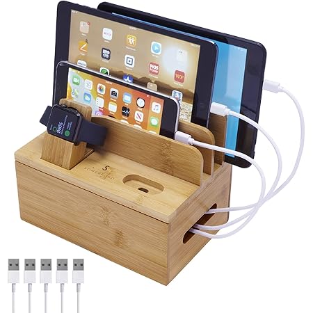 Natural Bamboo Charging Station Organizer For Multiple Devices Desk Charging Station Organizer Wooden Docking Station Multi Device Charging Stand With Cable Cord Drawer For Phone Tablet Airpods Watch - View #8