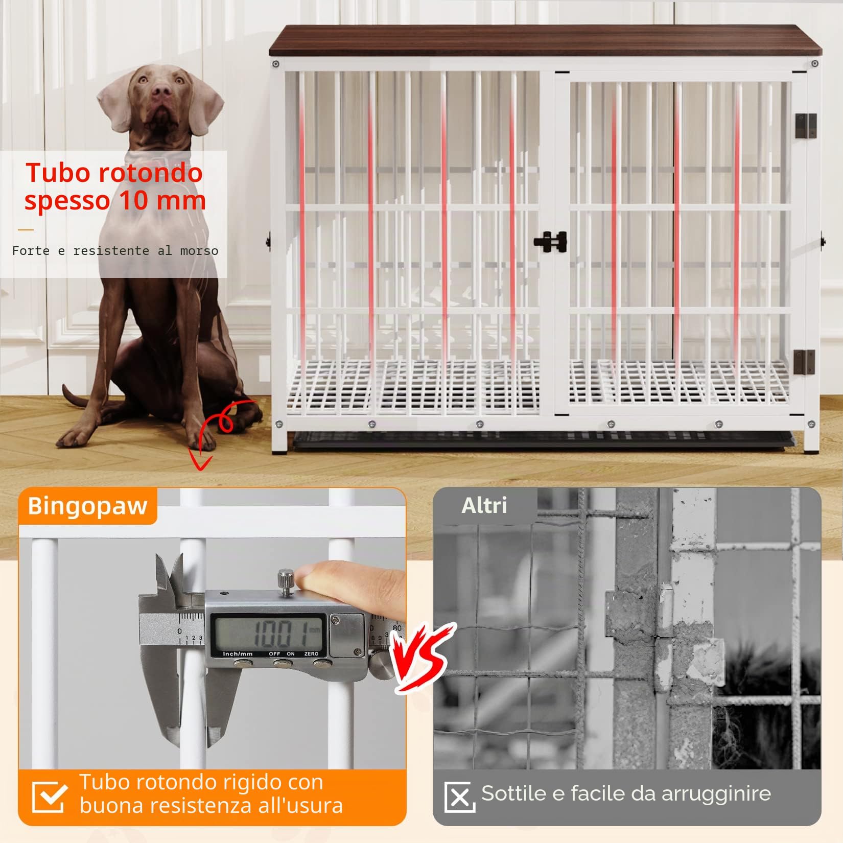 BingoPaw Gabbia Cani per Interno: XL Kennel Cani Taglia Grande in Legno e Metallo Casetta Cane Tavolino per Gabbia con 3 Ante e Vassoio Estraibile - 107x71x81cm, Bianco