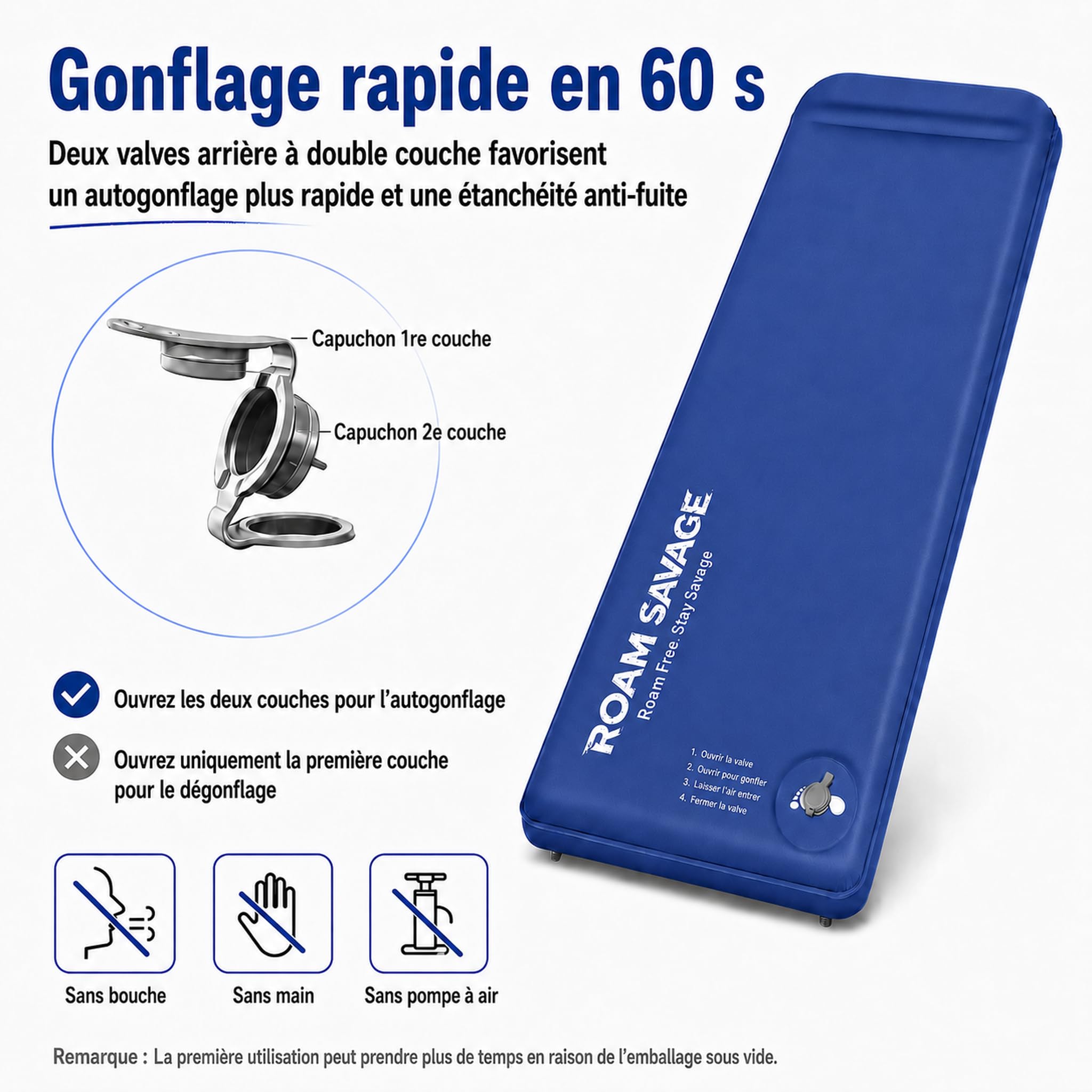 ROAM SAVAGE Tapis de camping autogonflant avec oreiller intégré, léger | R-Value 8.0 Matelas de couchage isolé, usage 4 saisons, pour randonnée, bivouac, terrasse, intérieur, soleil
