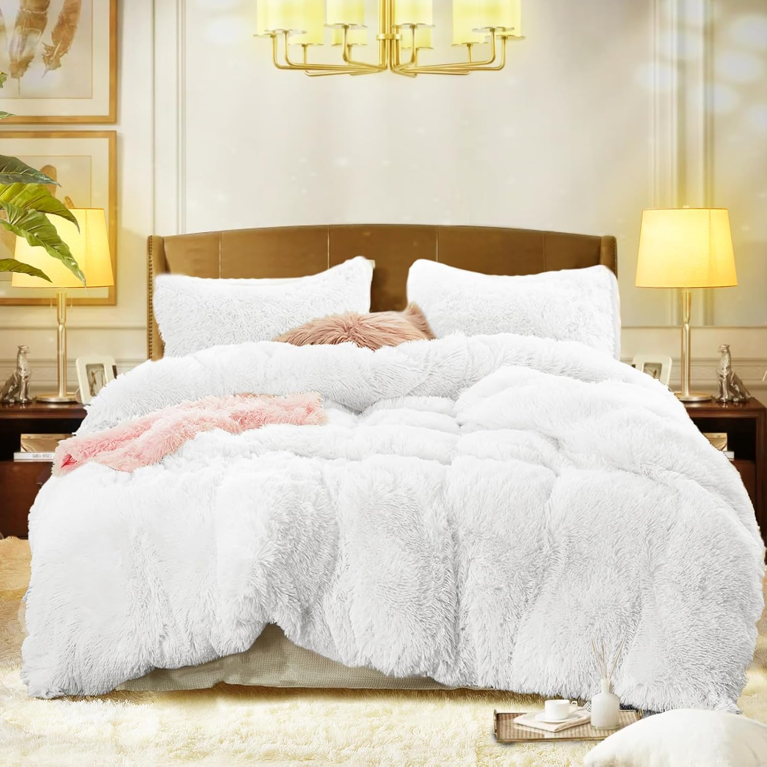 Flysheep Luxury Faux Fur Full/Queen Size Winter Comforter Set Shaggy Velvet Pure White Long Hair, 3 Pieces Plush Flannel Sherpa Backing Reversible Soft Microfiber Super Warm Bedding Set for Holiday - Image 3