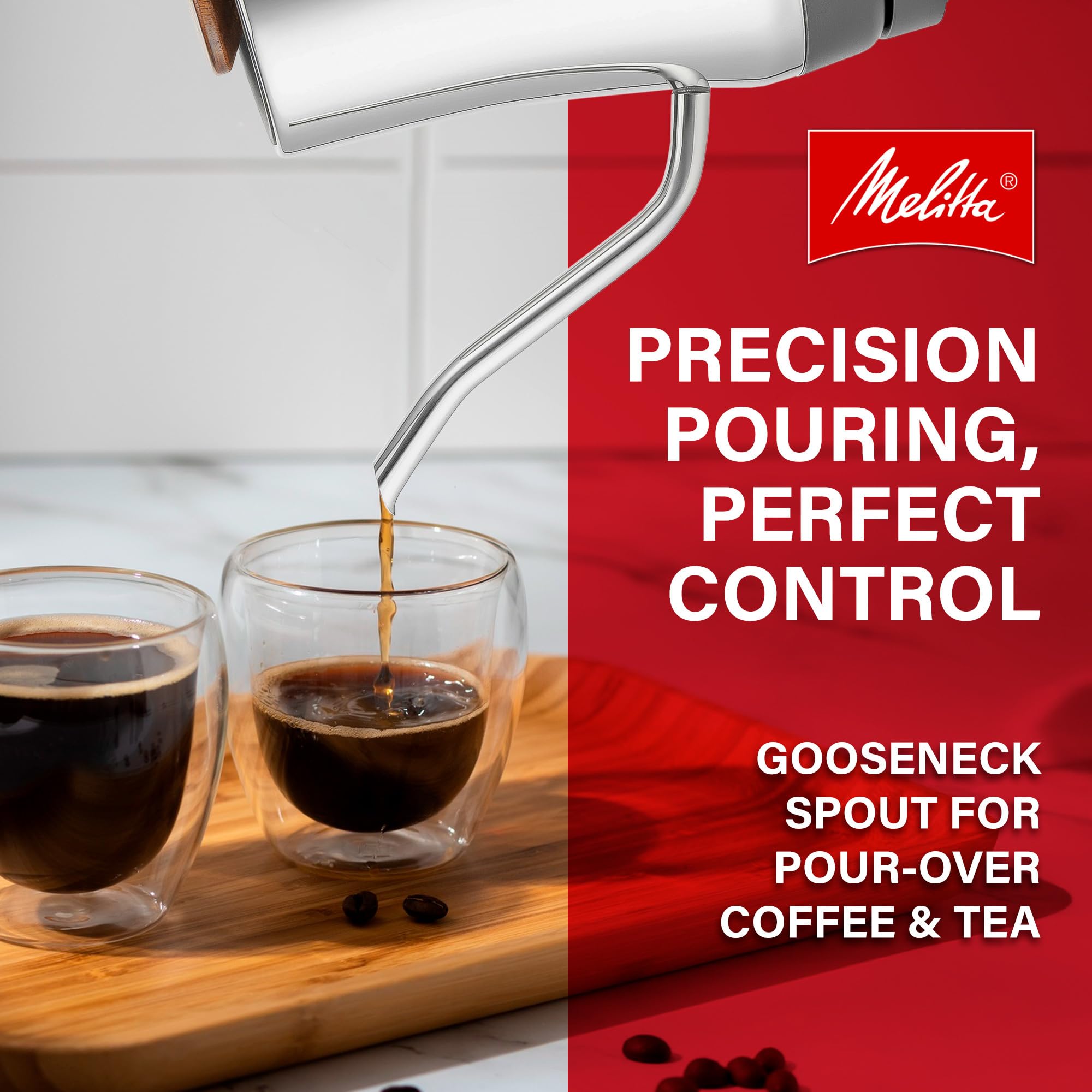 Melitta Precision Pour X Stainless Steel Gooseneck Electric Kettle | Wooden Handle, Wooden Knob, Gooseneck Spout, BPA Free interior, Automatic Shut Off