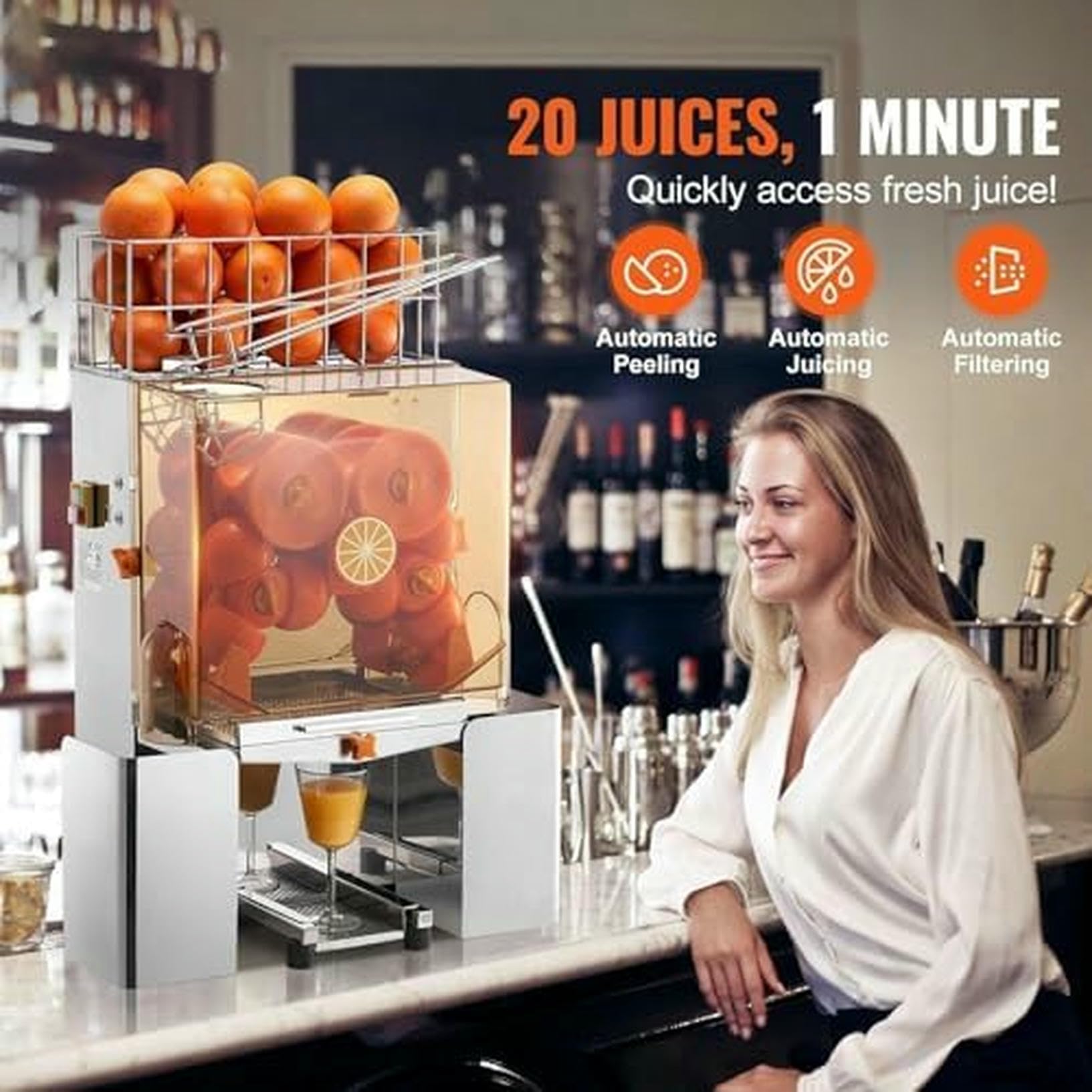 Máquina exprimidora de Naranjas Comercial de 120 W, Extractor de Zumo automático con Caja de Filtro extraíble y exprimidor de Acero Inoxidable para 20 Naranjas por Minuto.