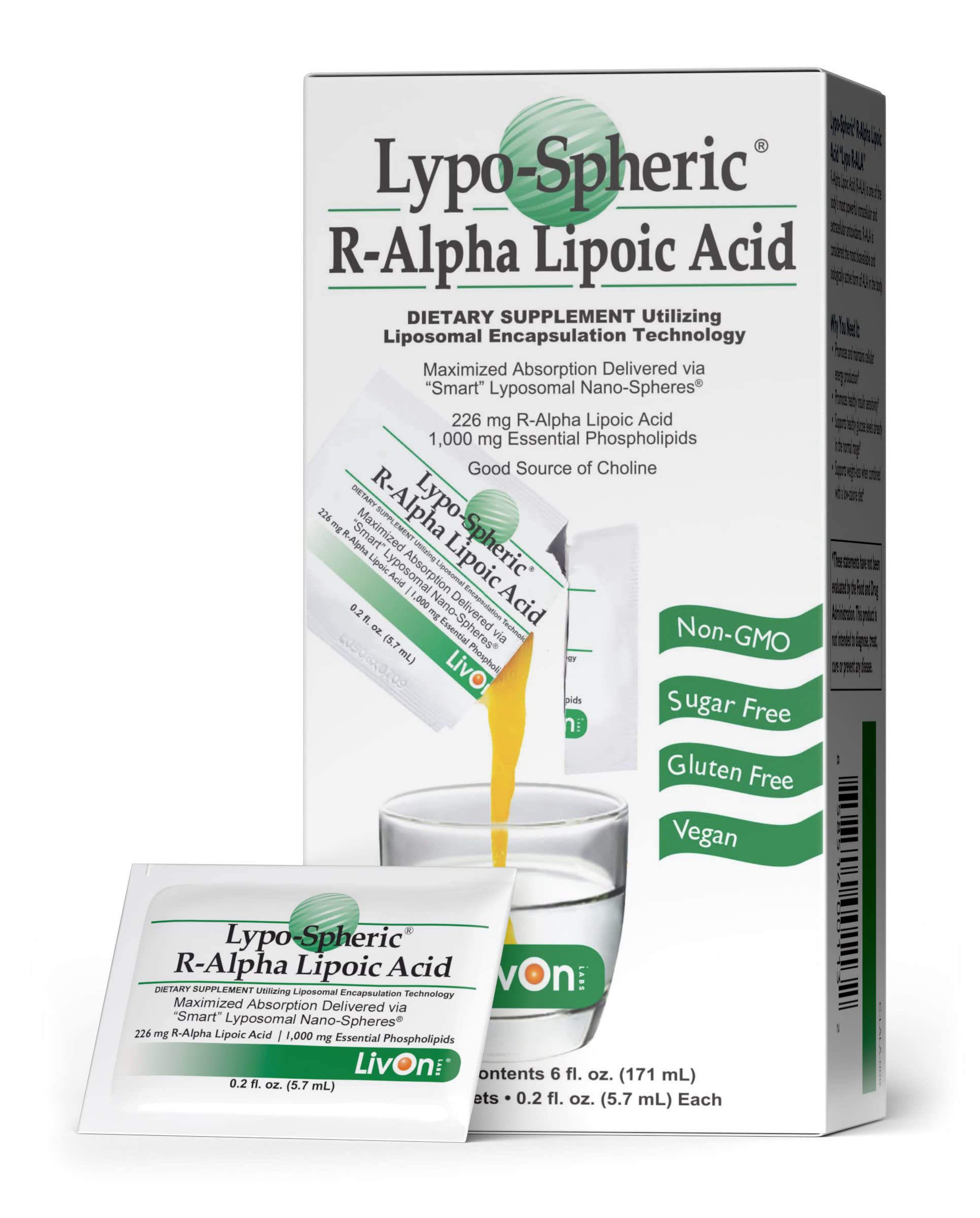 LivOn Laboratories Lypo-Spheric R-Alpha Lipoic Acid - 226mg Per Packet - Liposome Encapsulated for Maximum Bioavailability - 100% Non-GMO (30 Individual Packets) 30 Count (1 Pack)