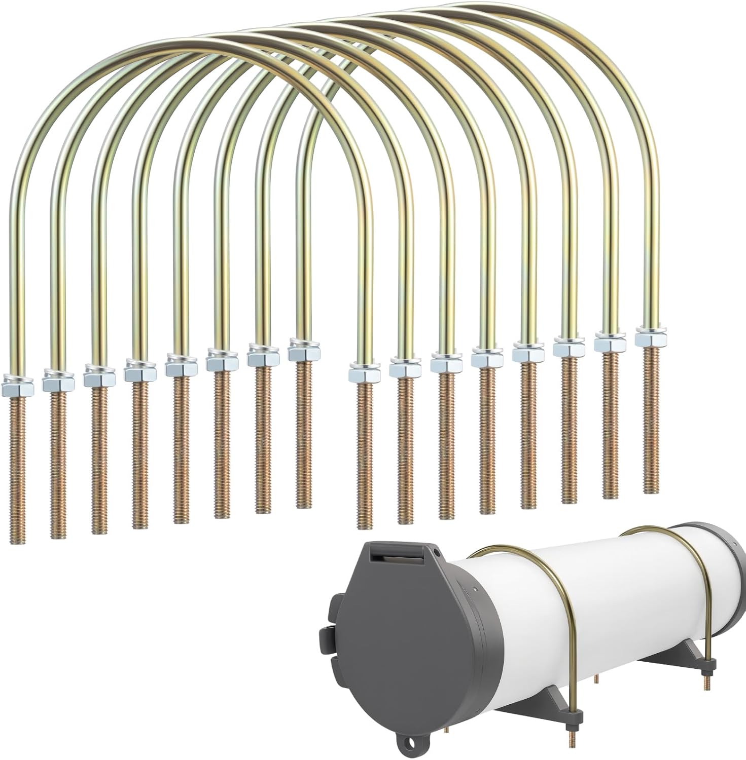 LEIFIDE 8 Pcs 3/8"-16 U-Bolt Fit 6 Inch PVC Pipe with Nuts and Washers, Round Zinc Plated Steel U Clamp for Pipe, Tube, Fence, Trailer, and General Mounting Hardware