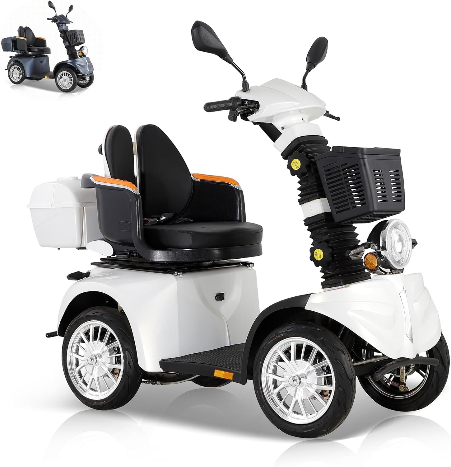 Scooter elettrico resistente per adulti con spazio di stoccaggio & baule bloccabile, sedile rotante a 360°, batteria 60V 20AH, viaggio su tutto il terreno, luci anteriori e posteriori (DJD bianco)
