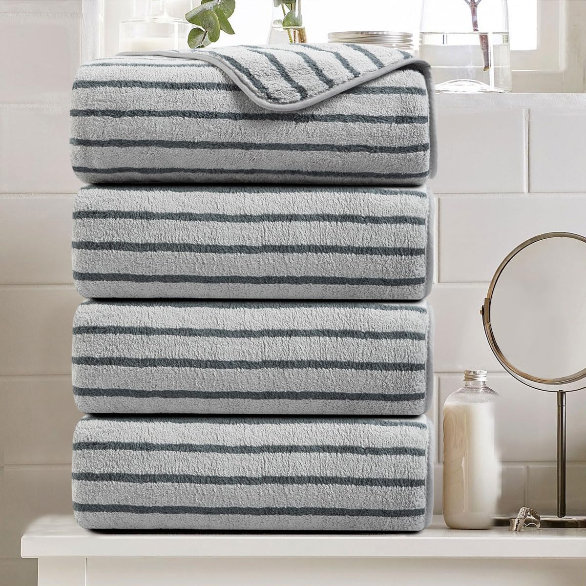 Oliven 4 Piece Grey Cabana Stripe Large Bath Towels Oversized Bath Sheet Super Soft Breathable Jumbo Bathroom Towels Highly Absorbent Shower Towel
