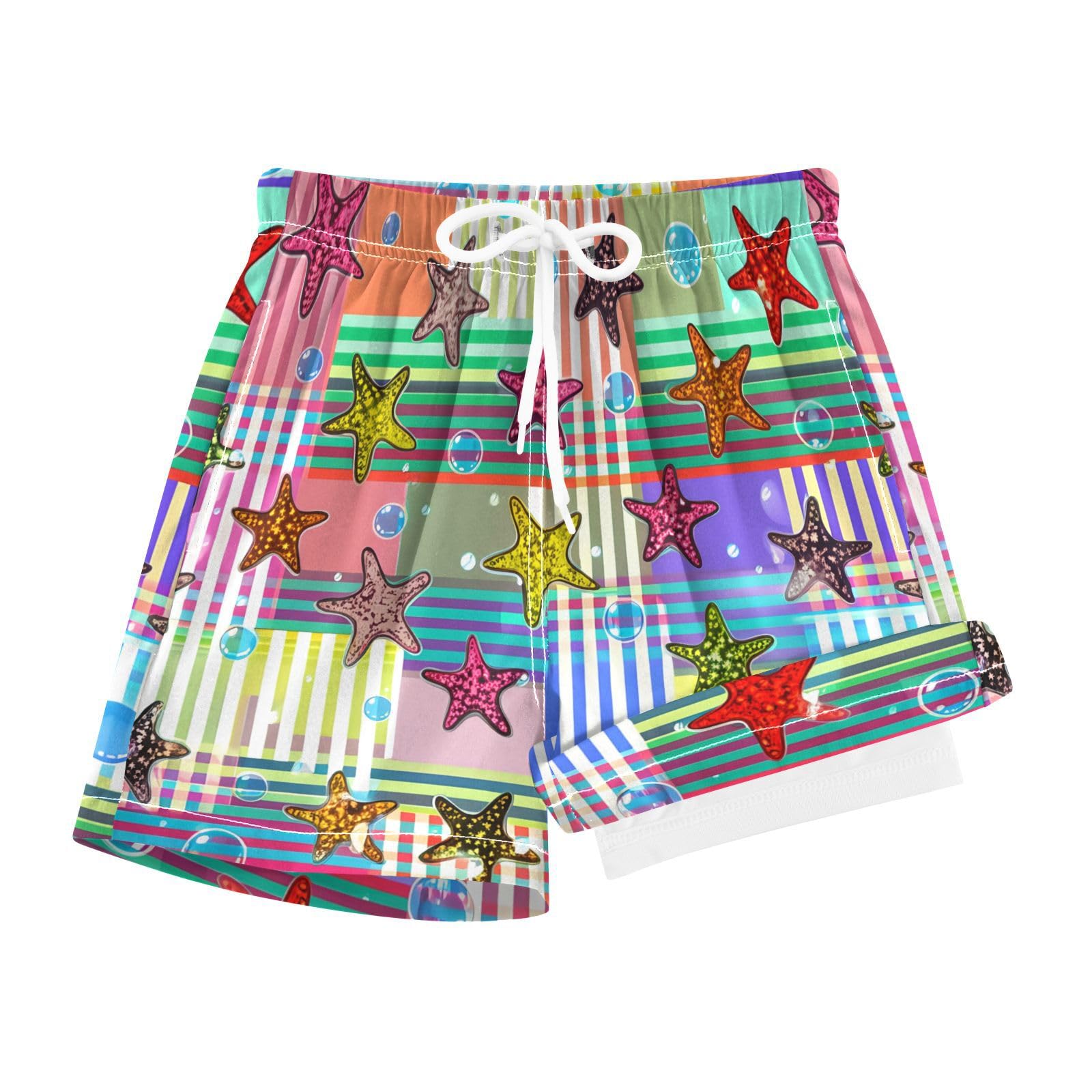 YANENDIE Boy Swim Trunks with Compression Liner Colorful Starfish Boys Swim Shorts Quick Dry Beach Shorts