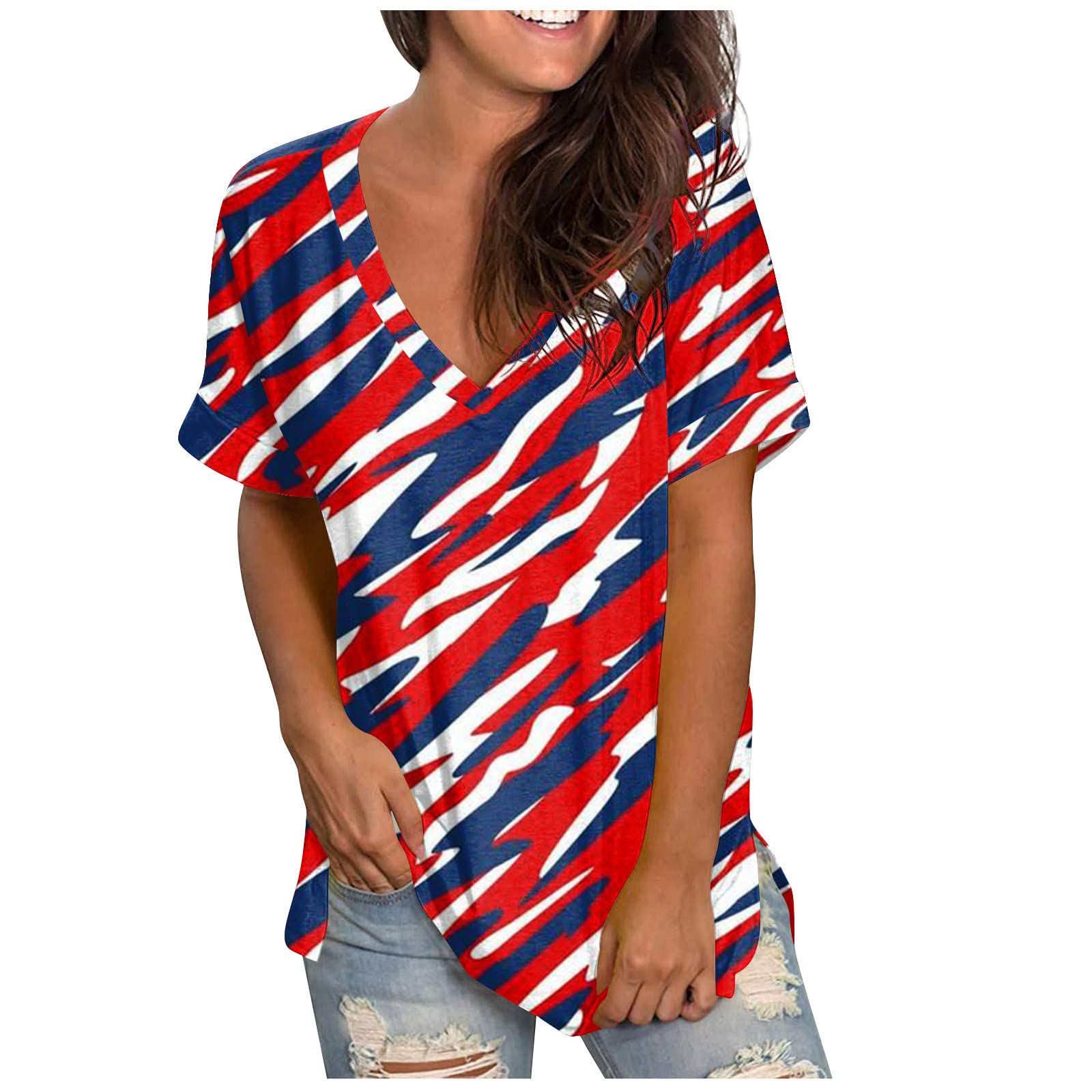 Women's 2023 Summer V Neck Casual Loose Tunic Tops Flower Printed Short Sleeve Tunic Workout Blouses