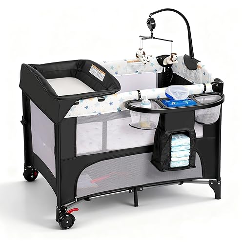 Corral de bebé de altura ajustable 4 en 1, centro plegable para guardería con caja de música, estante de juguetes, almacenamiento lateral,