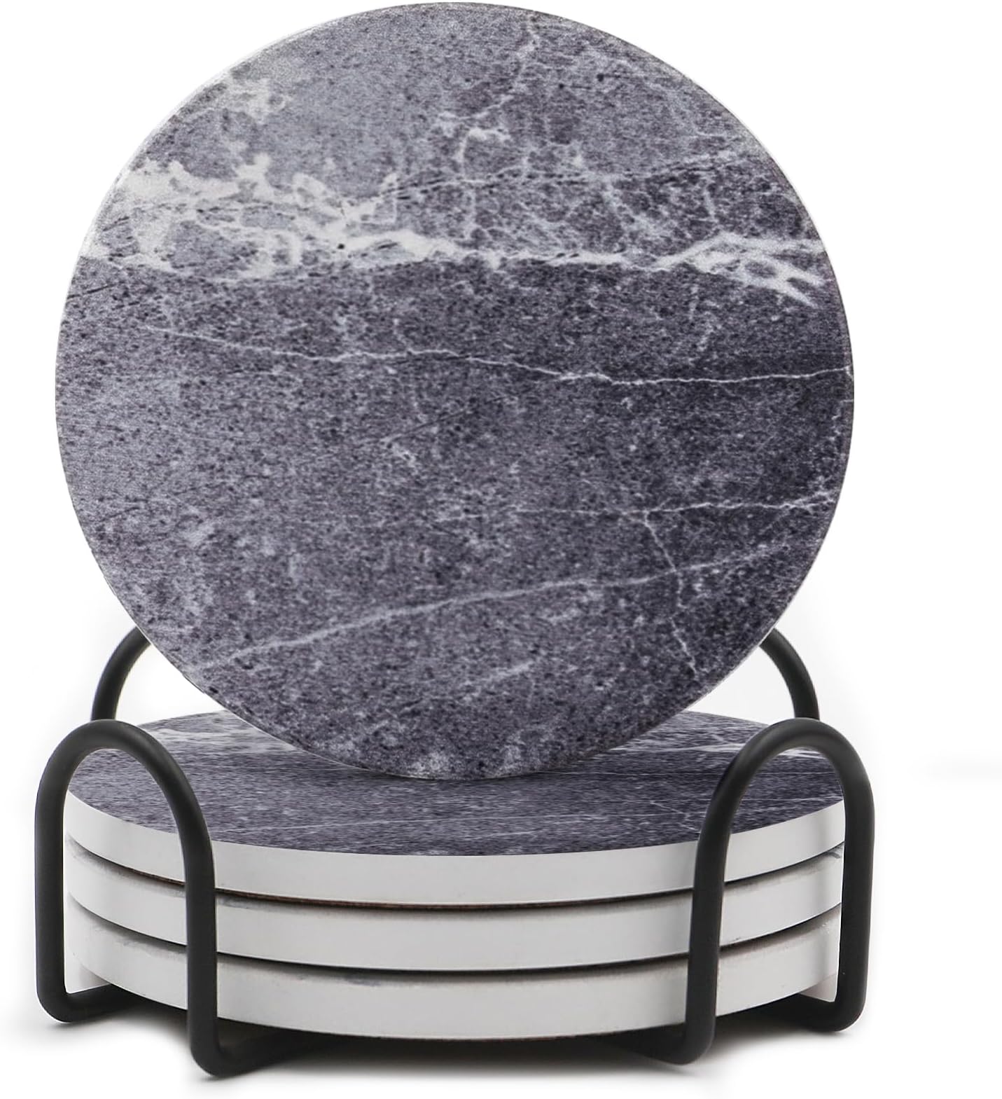 LIFVER Drinks Coasters Set of 4, Living Room Decor, Ceramic Absorbent Coasters with Cork Base, Protect Wooden Table or Furniture from Scratched, Drink Coasters with Holder - Grey