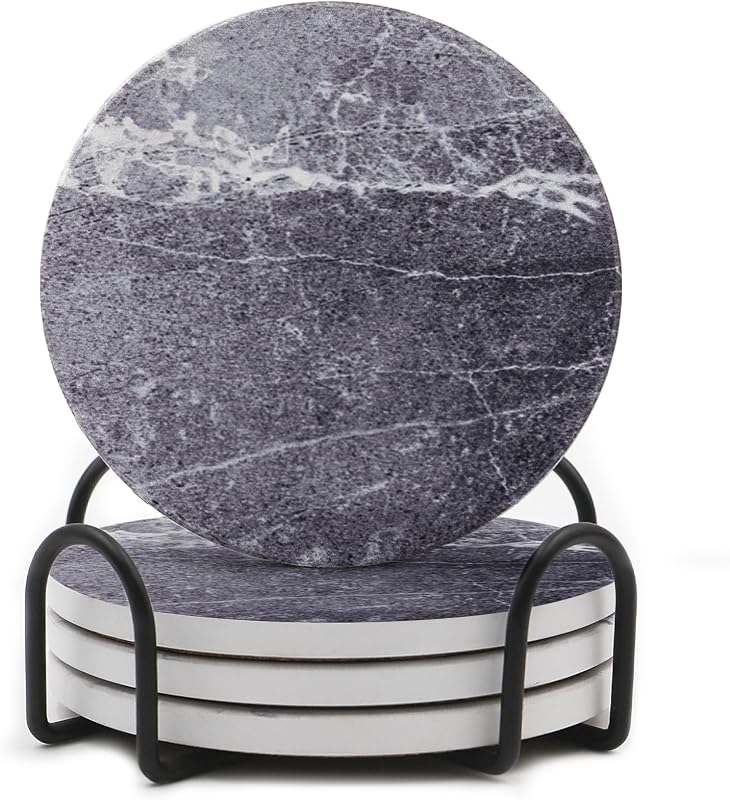 LIFVER Juego de 4 posavasos para bebidas, decoración de salón, posavasos de cerámica absorbentes con base de corcho, protege la mesa o muebles de madera de arañazos, posavasos con soporte, color gris