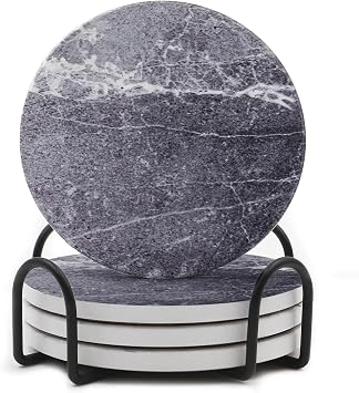LIFVER Drinks Coasters Set of 4, Living Room Decor, Ceramic Absorbent Coasters with Cork Base, Protect Wooden Table or Furniture from Scratched, Drink Coasters with Holder - Grey