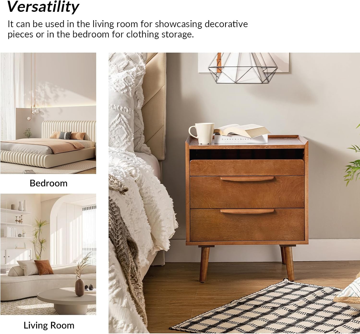 HULALA HOME Nightstand with Charging Station, Mid-Century Modern 2 Drawer and Open Shelf Bedside Tables, Wood Night Stand with USB Ports and Outlets for Bedroom, Acorn