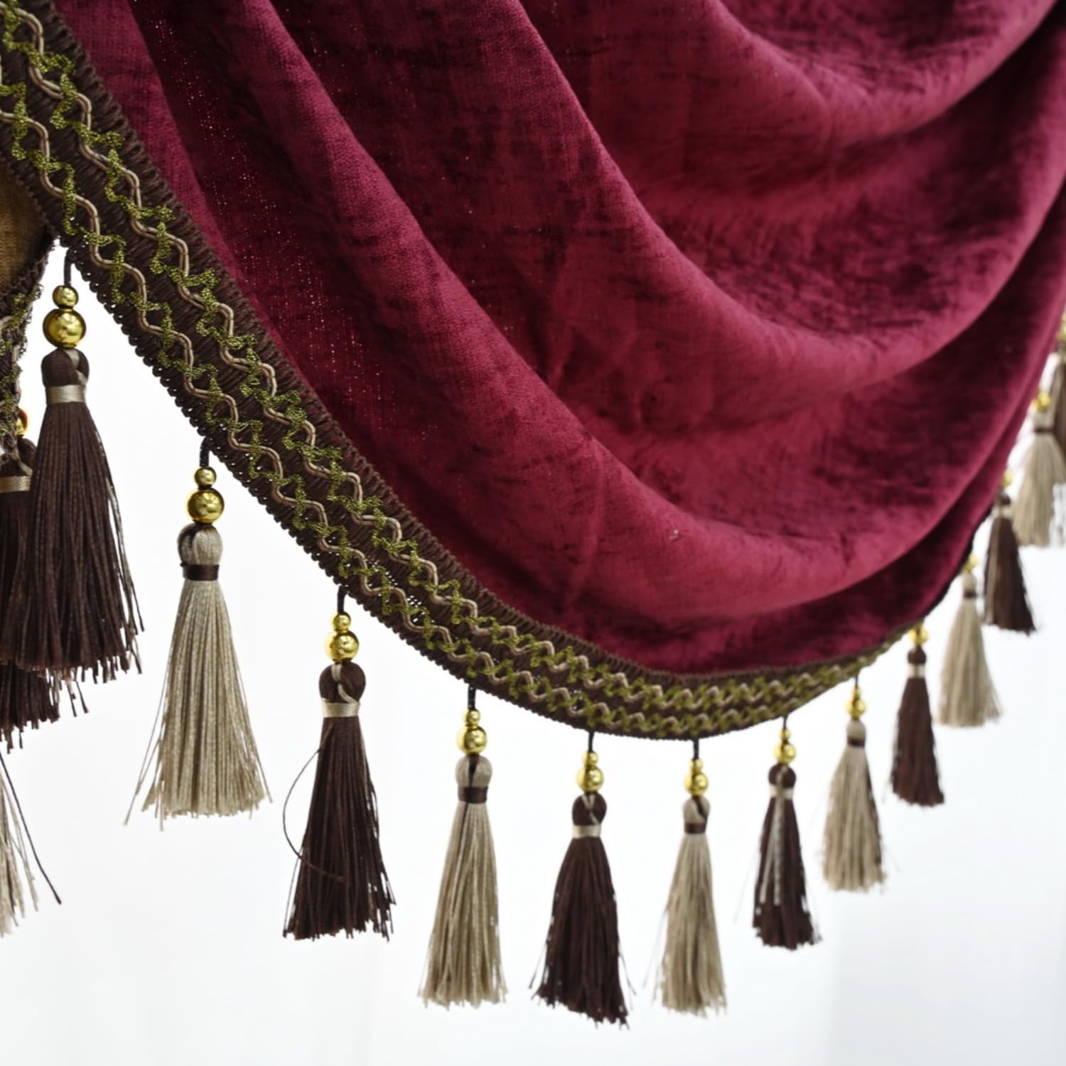 NewWPKIRA European Brown Burgundy Waterfall Valances for Windows Swag Waterfall Valance with Beads European Chenille Curtain Valance for Living Room 1 Panel