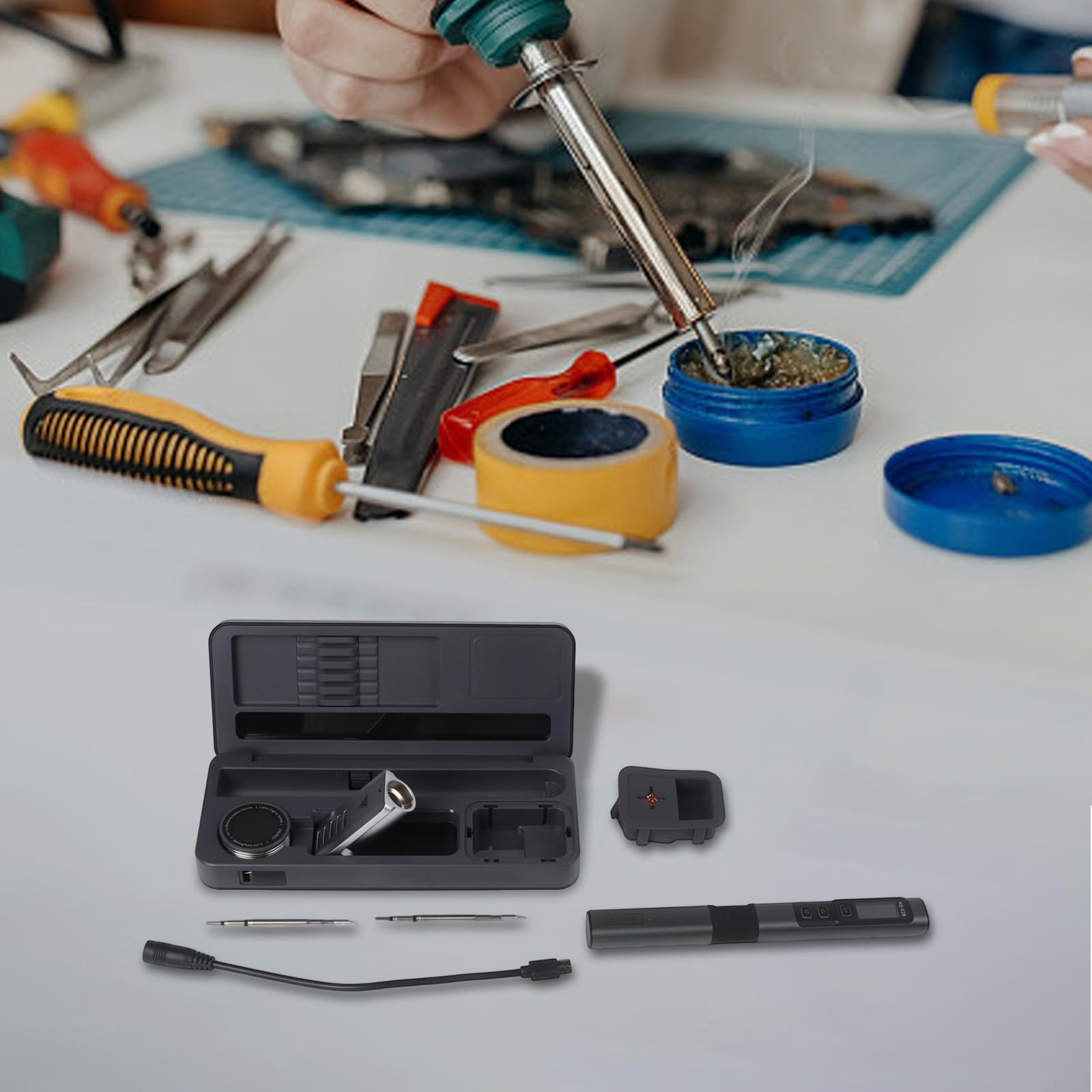 HS-02 - Set di stazione saldante con contenitore, 100 W, per USB C, per riscaldamento rapido PD in alluminio CNC, 21 x 9 cm (HS-02B high)