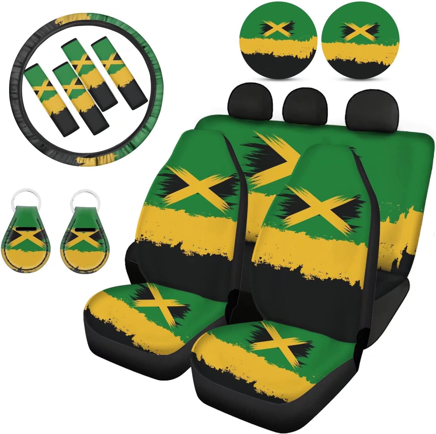 Howilath Jamaica Flag 13 Pieces Universal Car Accessories,Seat Covers Full Set(4 Pack),Steering Wheel Covers,Seatbelt Pads(4 Pack),Keyrings(2 Pack),Coasters(2 Pack),Auto Decor