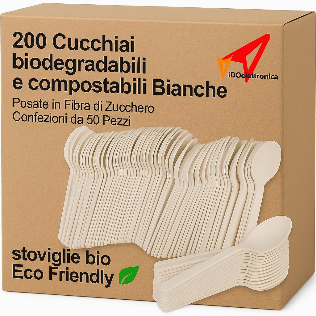 200 Cucchiai biodegradabili e compostabili Bianche Posate in Fibra di Zucchero Confezioni da 50 Pezzi stoviglie bio Eco Friendly (200 cucchiai)