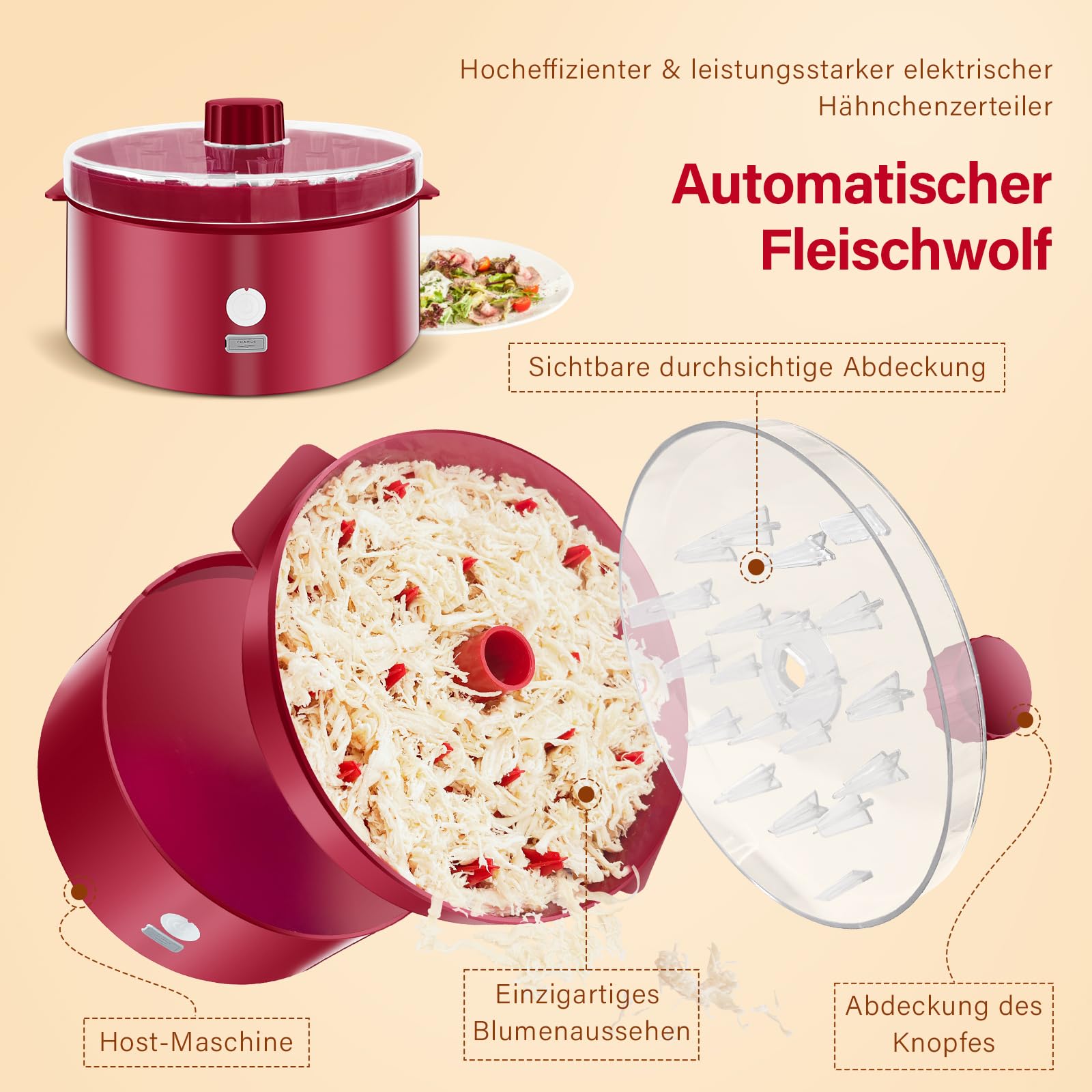 Automatischer Elektrischer Hähnchen-Zerkleinerer|Typ-C Schnellladung & 60min Laufzeit|8"/20CM sichtbare Zerkleinerungskammer mit Bürste/Gabel|BPA-frei spülmaschinenfest|für Meal Prep (Rot)