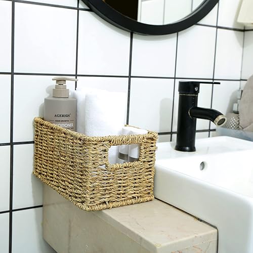 Vista 59 de HOONEX Cestas de almacenamiento de jacinto de agua, cestas de mimbre para organizar, cestas tejidas a mano con asas de transporte, juego de 2