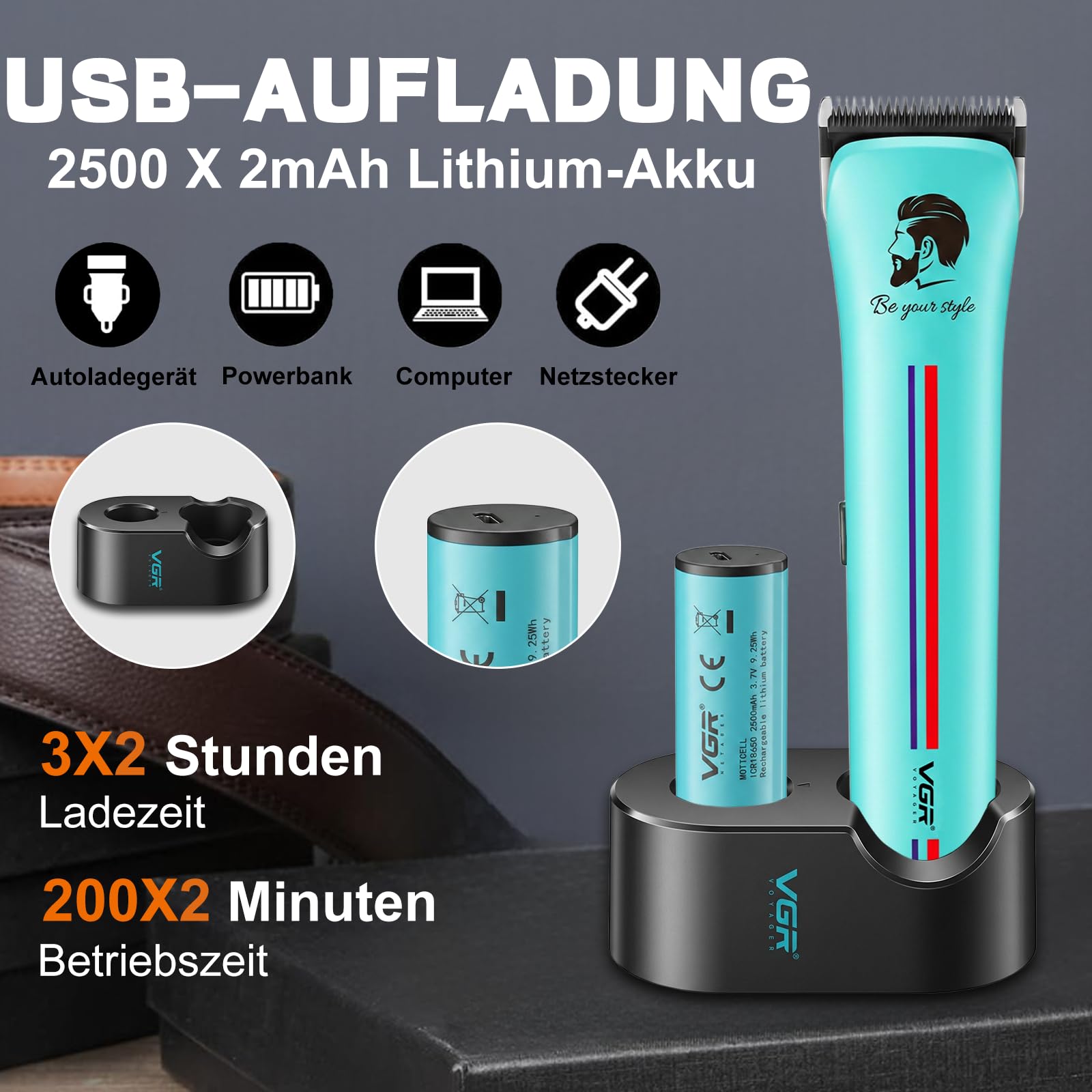 VGR 160 Haarschneidemaschine Profi Mit Klinge aus Keramikmetall, Grün | Clipper Haarschneider mit Rückenverstellung, Profi Haarschneidemaschine mit Batterie Ersetzenm, Hair Clipper mit Lagerbasis