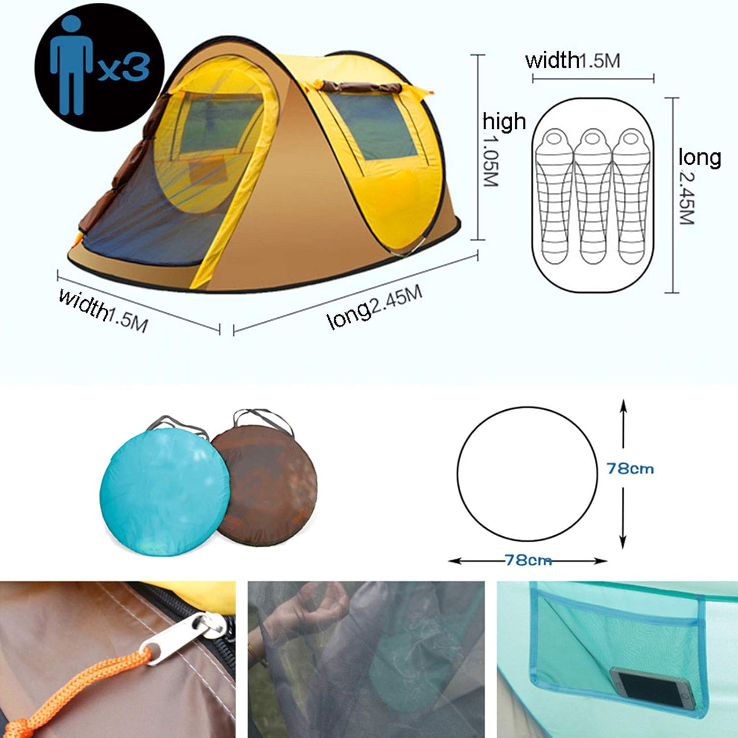 3-4 Person Pop Up Camping Tents, Automatic Portable Family Tent with Two Windows and Two Doors, Single Layer Waterproof Easy Setup Outdoor Dome Tent for Picnic, Hiking, Fishing