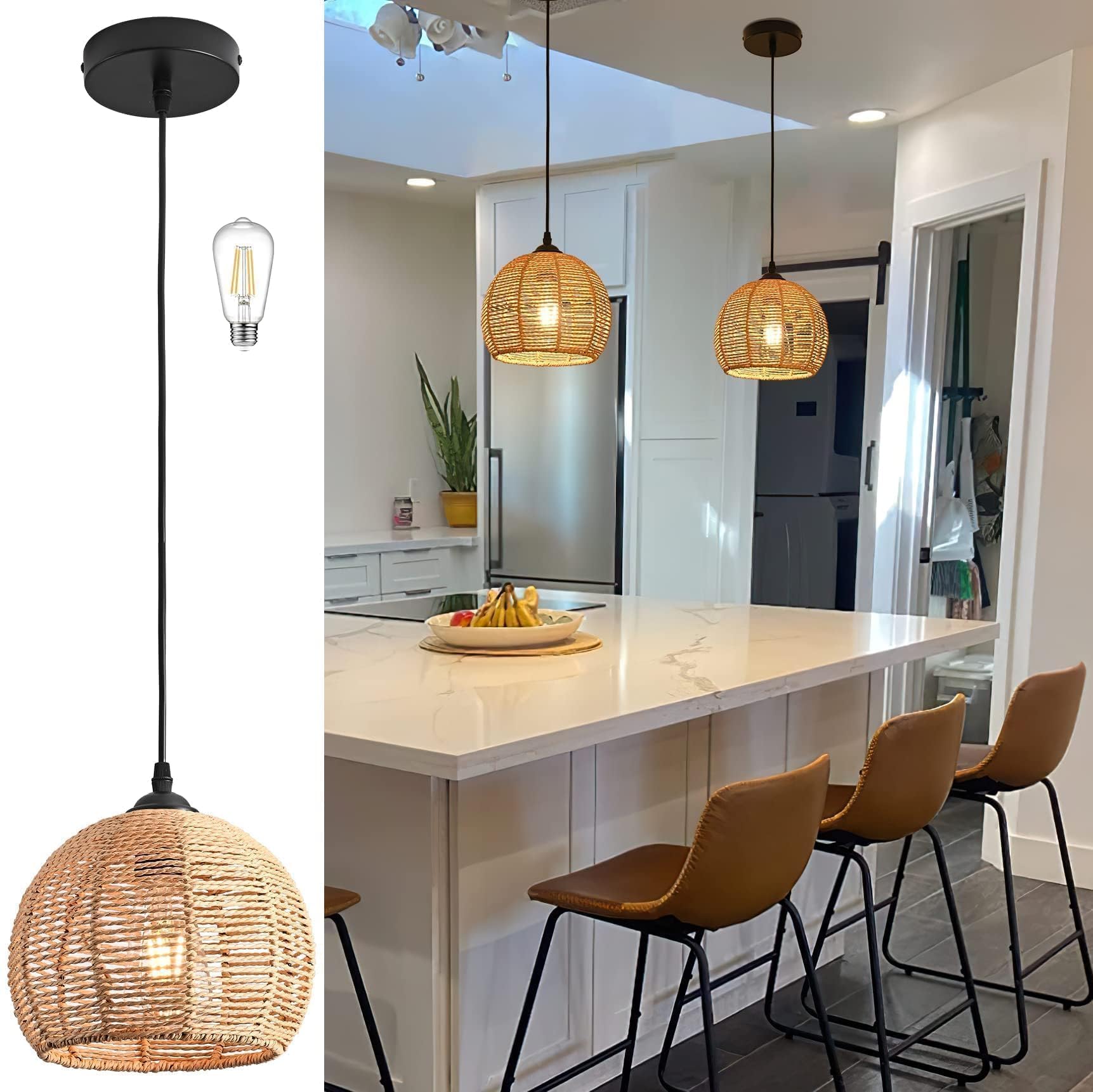 Mini Hemp Rope Woven Pendant Light Woven Light Fixture Boho Chandelier Light Fixture Wicker Pendant Light Rattan Light Pendant Dome Wicker Chandelier for Bedroom Kitchen Island(Bulb Incl.)