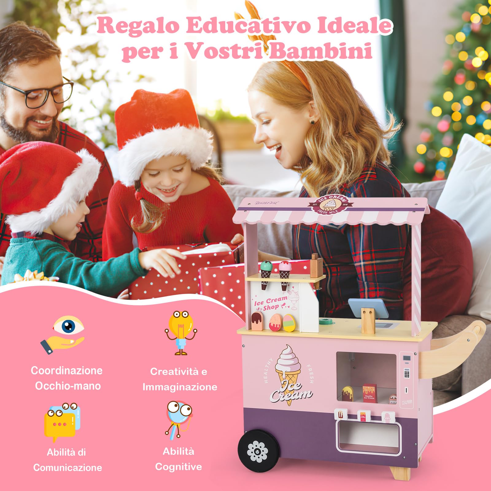 RELAX4LIFE Giocattolo Carrello Gelato per Bambini con 15 Pezzi di Giocattoli, Bancarella Gelato con Distributore Automatico, Espositore e Cassa, Carrello Gelato Mobile per Bambini 3+ Anni (ROSA)
