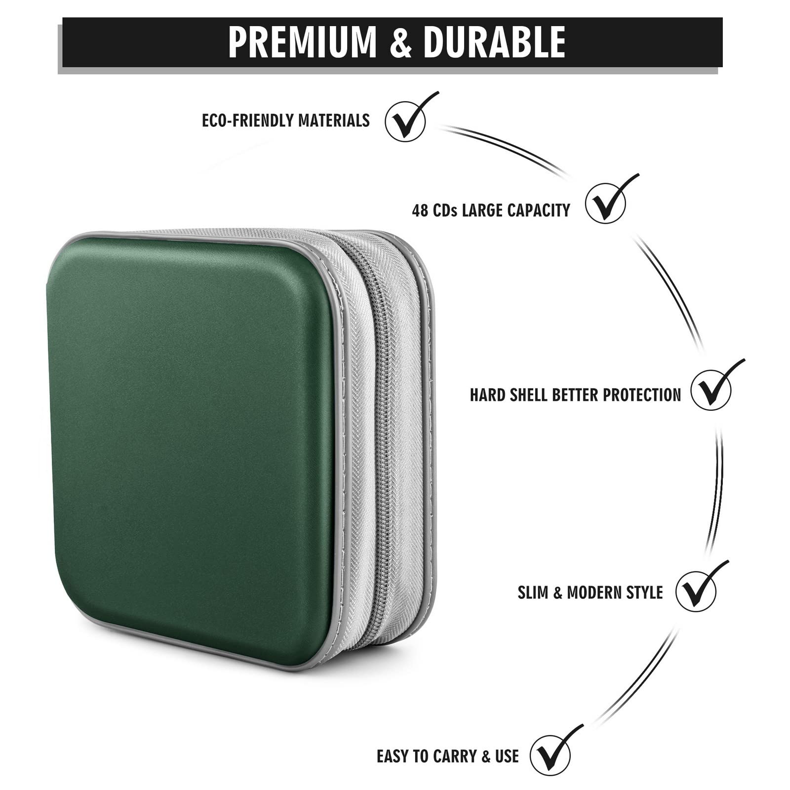 48 capacità CD/DVD custodia organizer portatile con cerniera in plastica rigida CD/DVD custodie organizer portafoglio libro per auto casa viaggi (verde scuro)