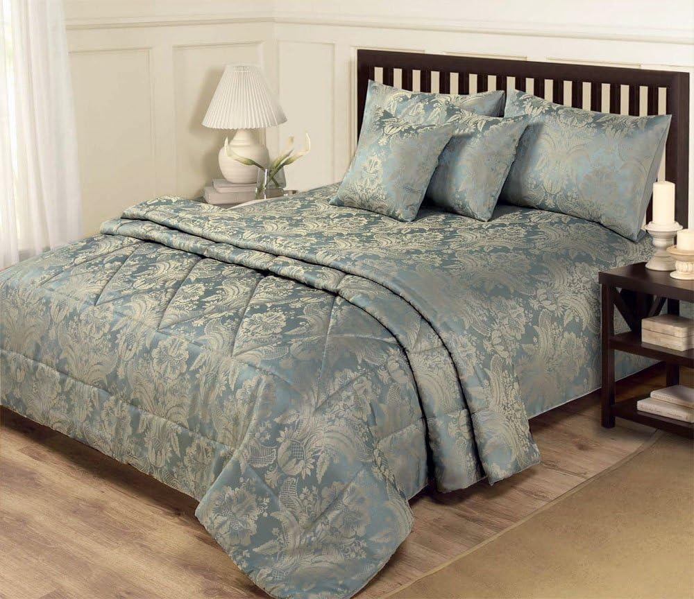 SUPERKING DUVET COVER & THROW BED SET - 6 PIECE BLUE & GOLD JACQUARD BEDDING