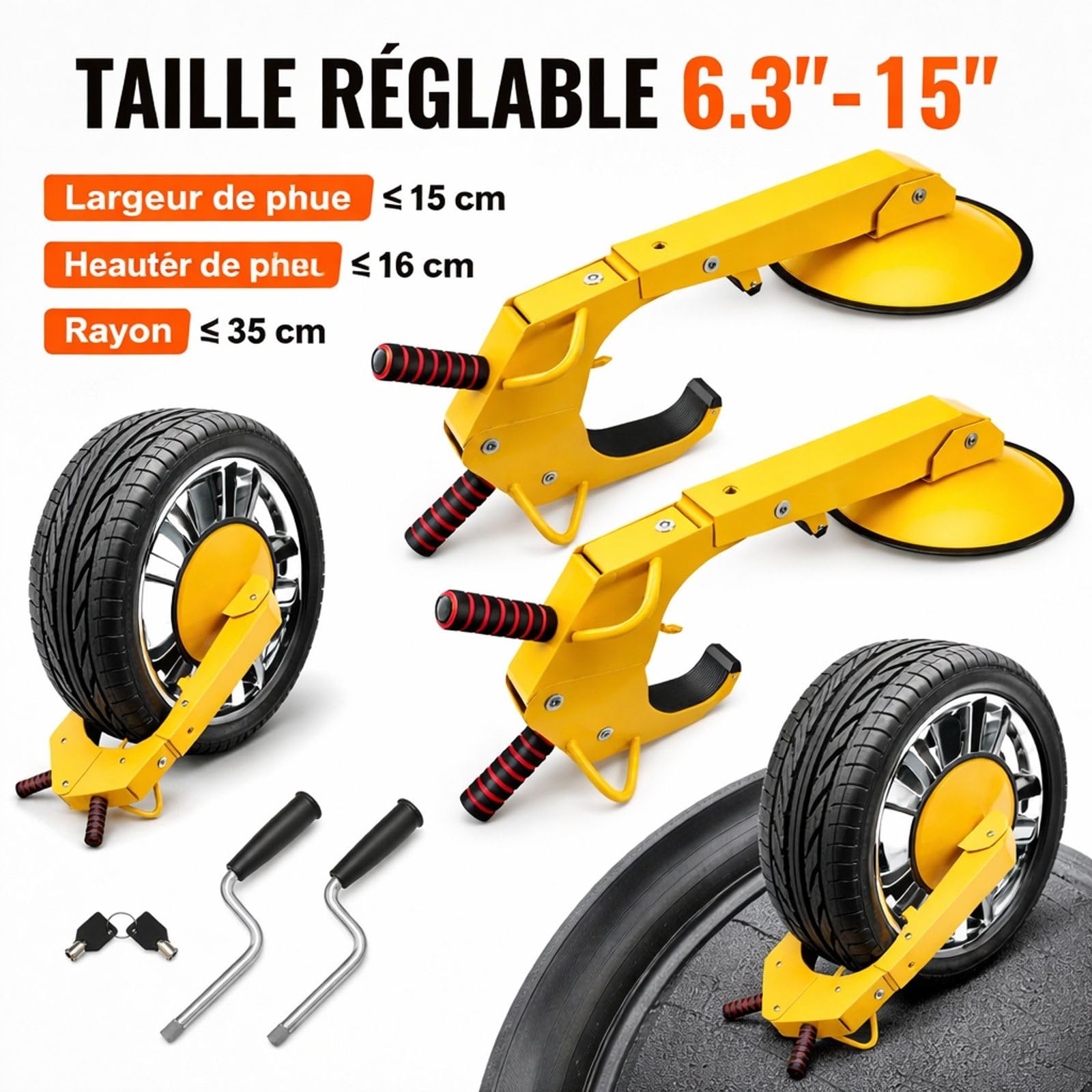 Lot de 2 sabots de roue jaunes en acier Q235 avec ventouse et clés pour voiture caravane camion moto SUV