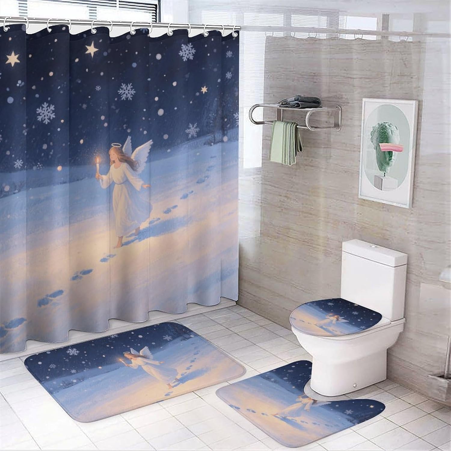 Angel Shower Curtain Set 4 Piece, Non-Slip Bath Mat with Toilet Lid Cover and Waterproof Shower Curtain with 12 Hooks, Complete Bathroom Set for Home Decor