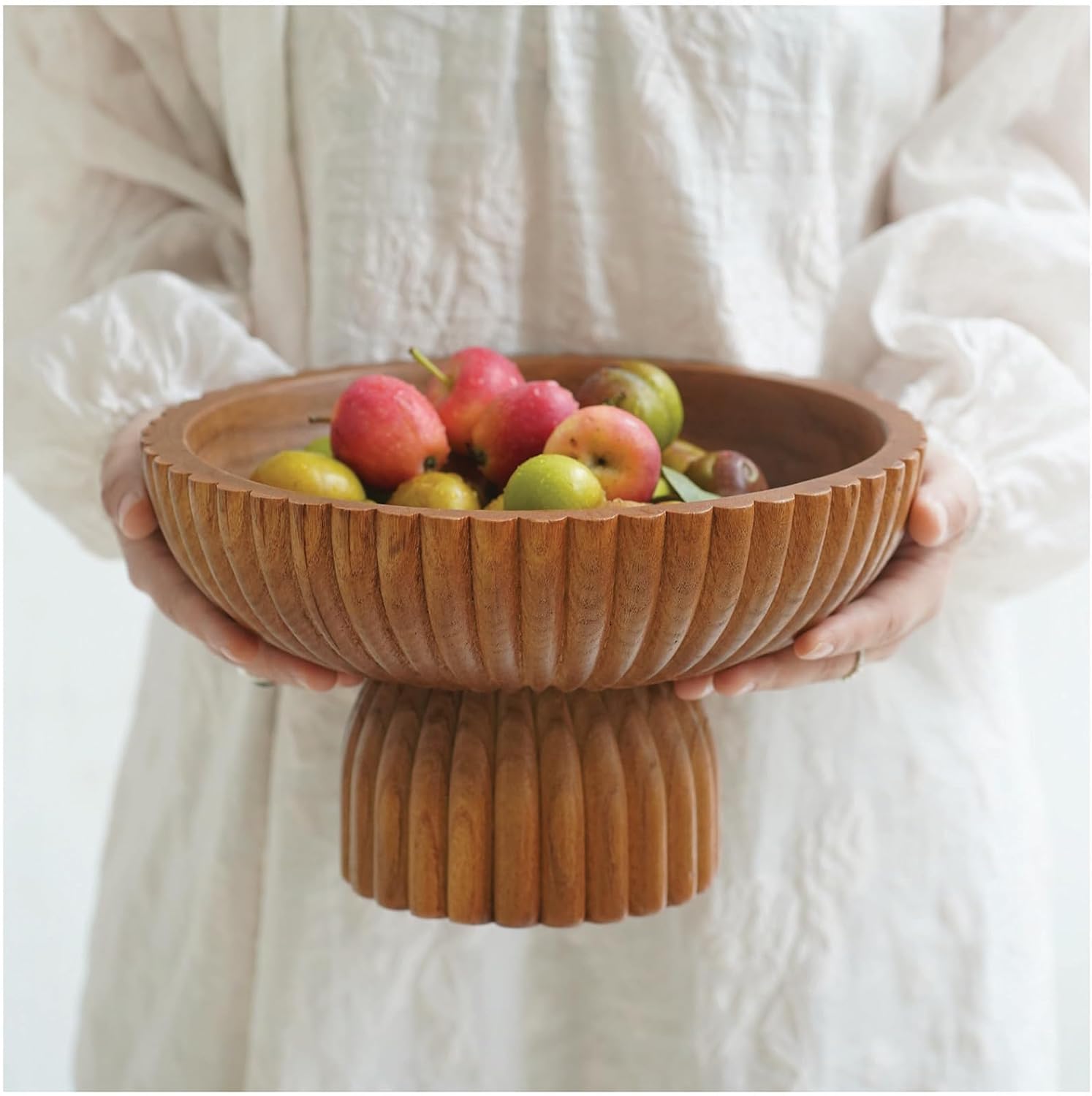 ChagoArt Wooden Fruit Bowl for Kitchen Counter- Large Decorative Bowl for Home Decor Entry Table-Ruffle Fluted Bowl-Scallopedl-Organic Modern Home Decor-Pedestal Footed (Wood Brown)