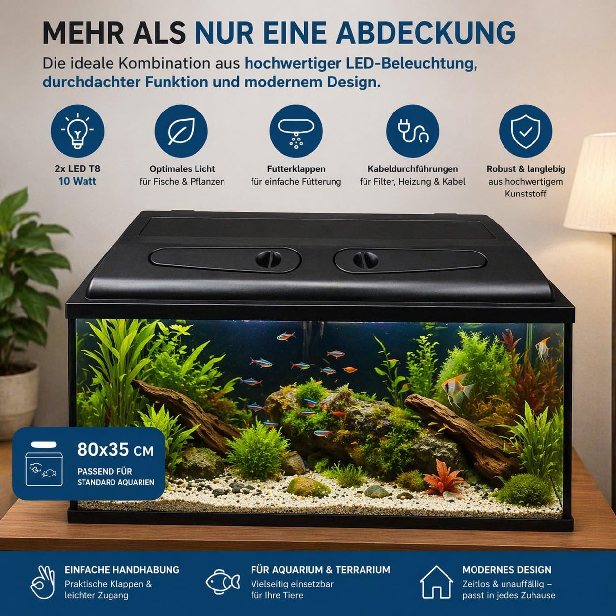 ZooPaul Aquarium Abdeckung 80x35 cm mit LED Beleuchtung – 2X T8 10W – Schwarz – für Aquarium & Terrarium – inkl. Futterklappen & Kabeldurchführungen