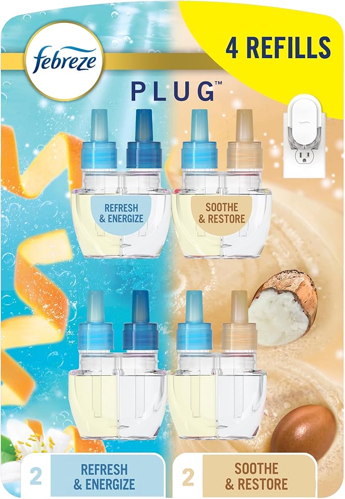 Febreze Plug In Air Freshener, Odor-Fighting Scented Oil Refill For Home, Bathroom, & Kitchen, Long Lasting, Refresh & Energize and Soothe & Restore Scents, 0.87oz Refills, 4ct (2 of Each)