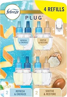 Plug In Air Freshener, Odor-Fighting Scented Oil Refill For Home, Bathroom, & Kitchen, Long Lasting, Refresh & Energize and Soothe & Restore Scents, 0.87oz Refills, 4ct (2 of Each)
