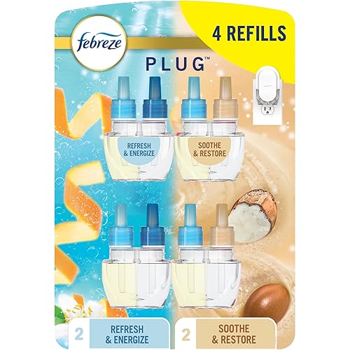 Febreze Plug In Air Freshener, Odor-Fighting Scented Oil Refill For Home, Bathroom, & Kitchen, Long Lasting, Refresh & Energize and Soothe & Restore Scents, 0.87oz Refills, 4ct (2 of Each)