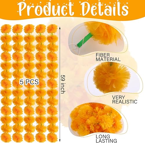 Miniatura 3 de 5 guirnaldas de caléndula de 24.6 pies con luz LED, guirnalda de caléndula artificial para decoración de flores artificiales de caléndula guirnalda