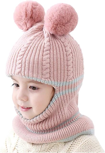 AUVSTAR Winter Baby Hats,Cute Baby Beanie Cap,Girls Boys Winter Warm Hat Toddler Baby Knit Fleece Lining Beanie Hat Earflap Hood Scarves Kids Balaclava Hat Skiing Snowboard Cap for Kids Age 1-4 Pink