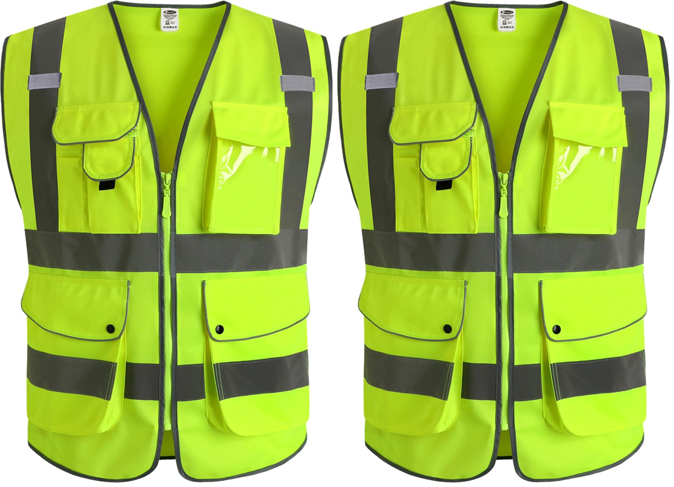JKSafety 9 Pockets Class 2 High Visibility Zipper Front Safety Vest With Reflective Strips,Meets ANSI/ISEA Standard (X-Large, Yellow) (Pack of 2)