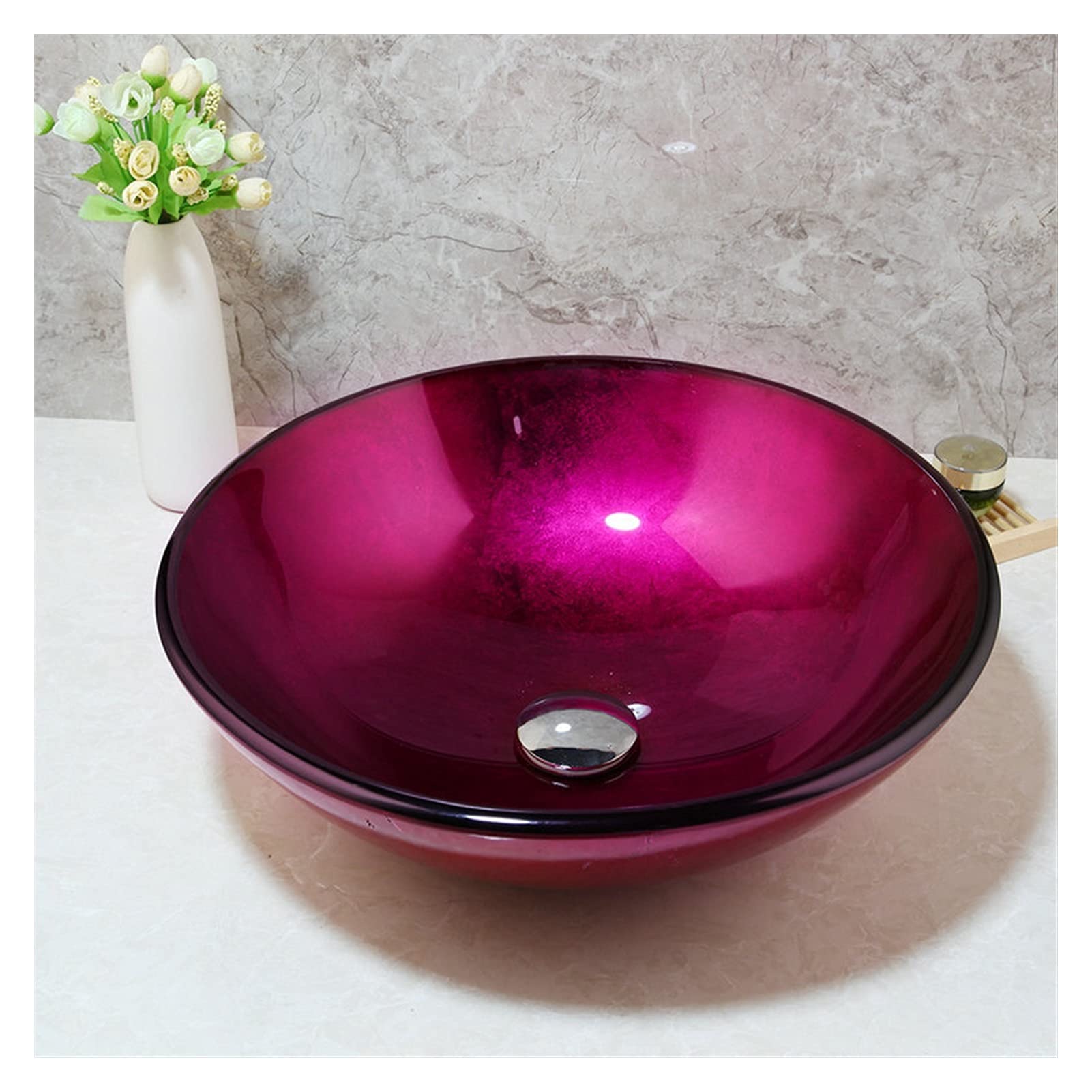 WOTZOV Bathroom Sink Unique Tempered Glass Bathroom Vessel Sink Bathroom Counter Top Washroom Cabinet Lavatory Vanityrose Red Sink Basin,A