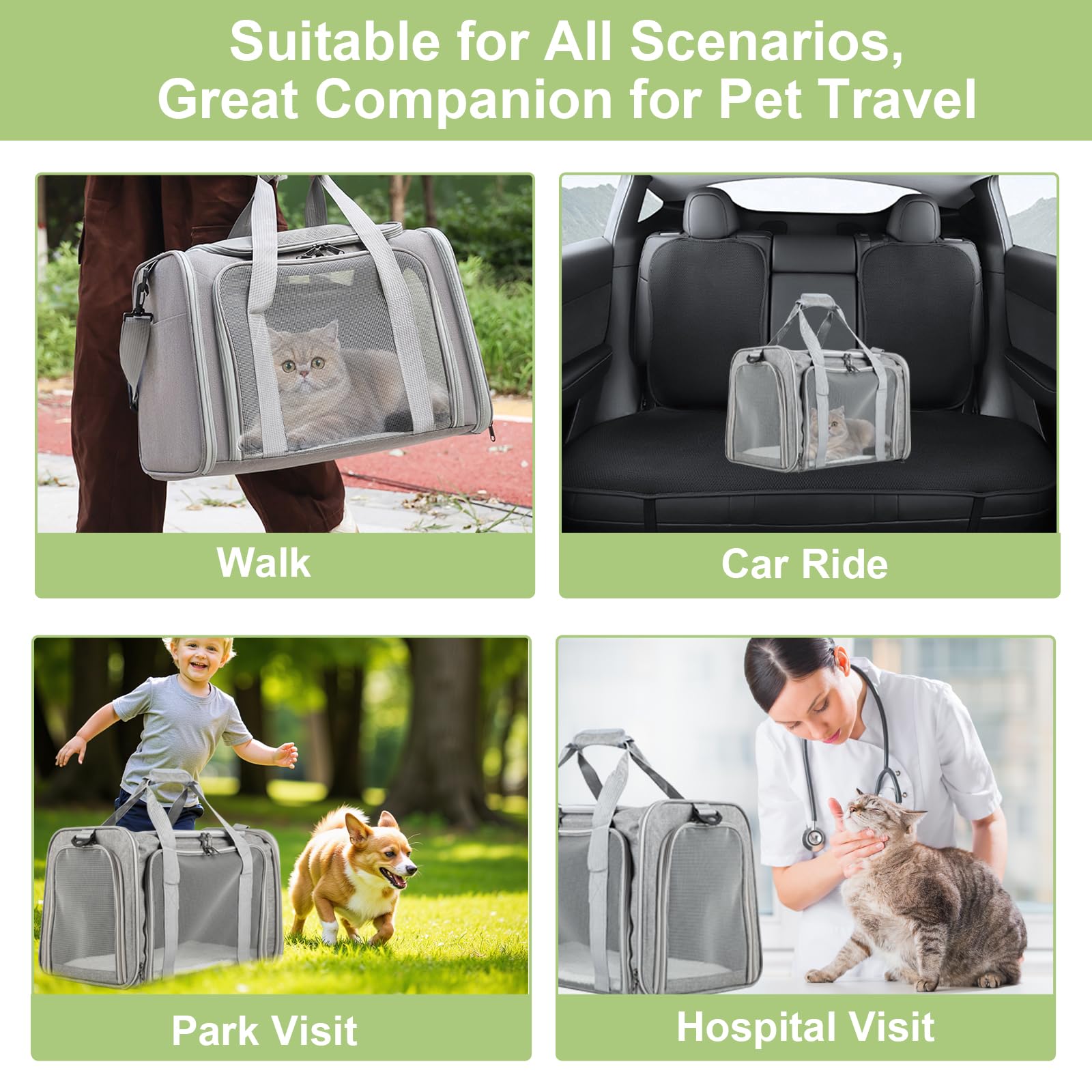 Transportín Perro Plegable – Bolso Gato Transpirable – Bolso Perro Pequeño con Correa para Viajes y Coche (Gris)