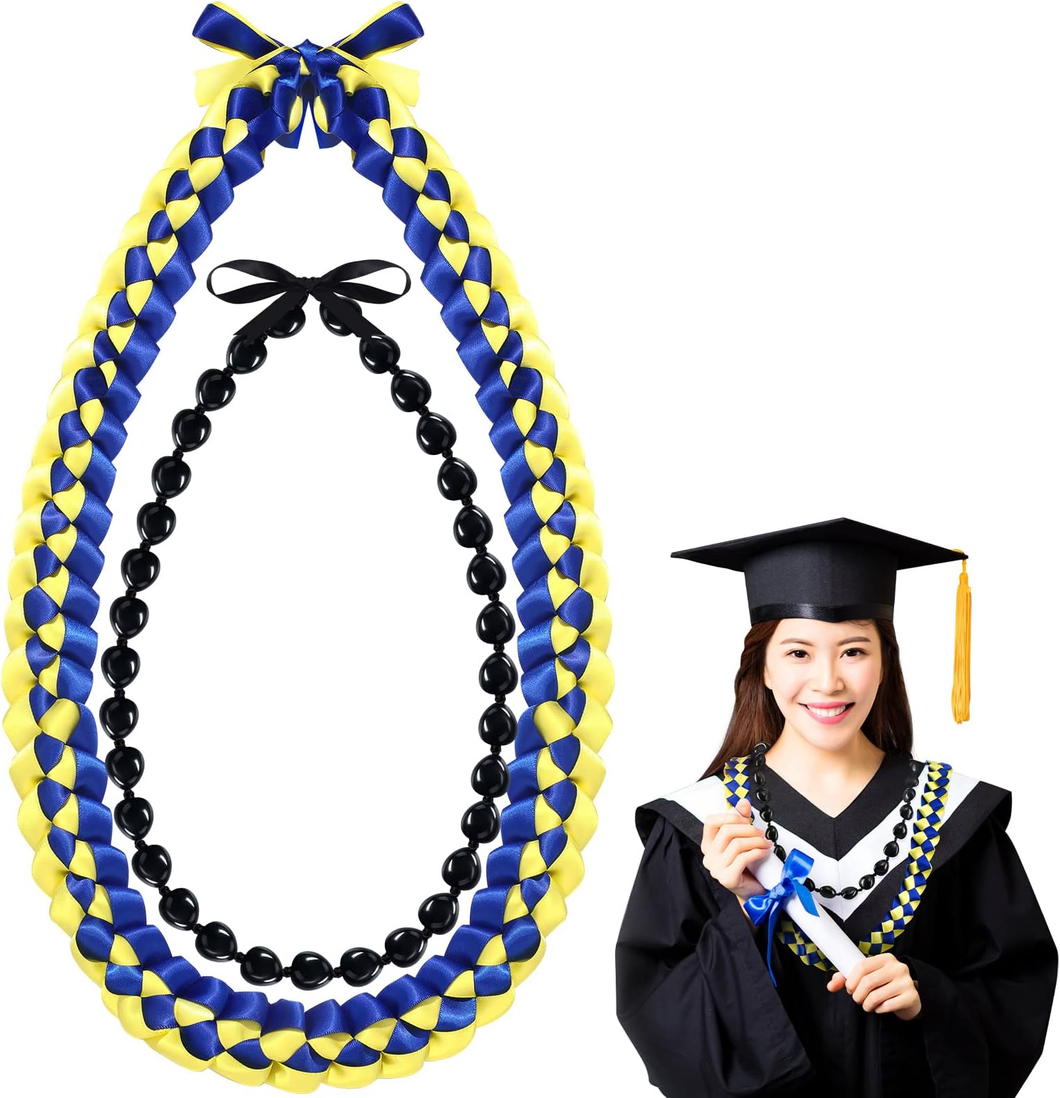 Jexine2025 Graduation Ribbon Lei and Kukui Nut Graduation Money Lei Double Braided Necklace with Bow Grad Gift