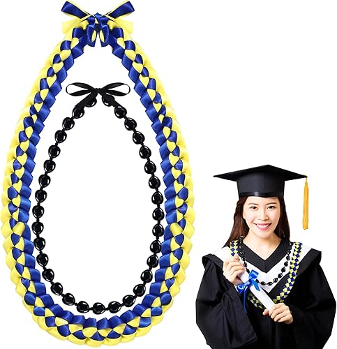 Jexine Collar trenzado doble con lazo de graduación 2025 Lei y Kukui Nut Graduation Money Lei con lazo para regalo