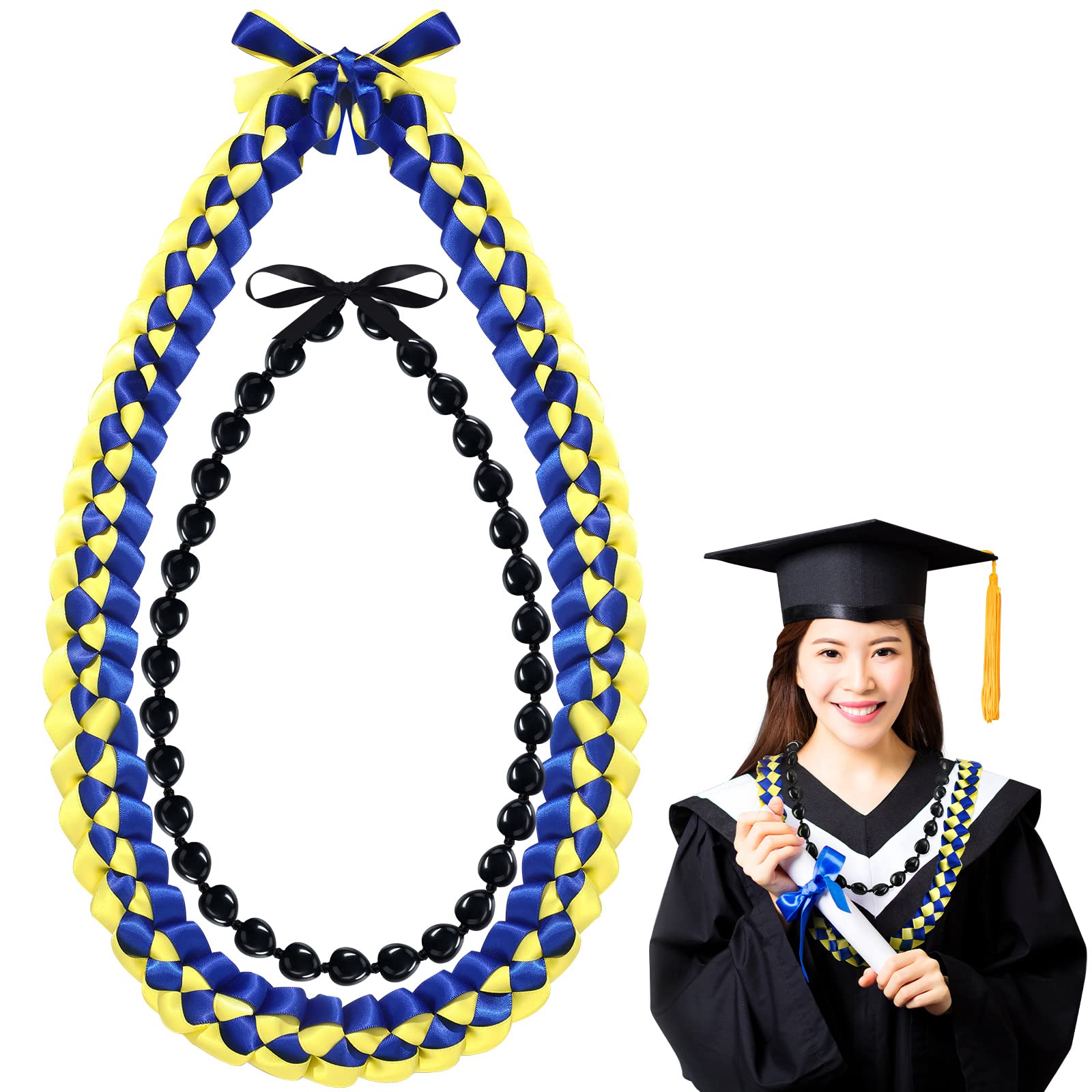 Jexine2025 Graduation Ribbon Lei and Kukui Nut Graduation Money Lei Double Braided Necklace with Bow Grad Gift