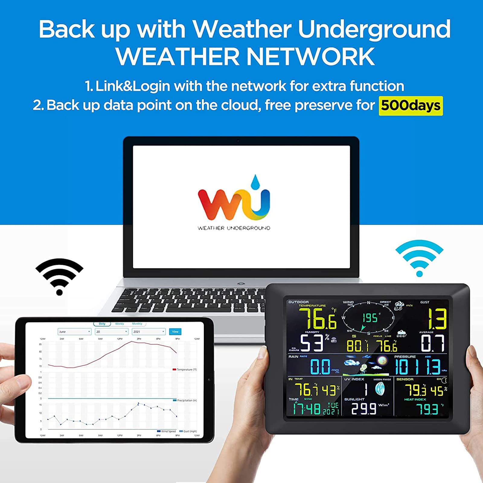 MRKU Estación meteorológica, estación meteorológica WiFi, Estaciones meteorológicas domésticas con pluviómetro, Velocidad del Viento, barómetro y Fase Lunar