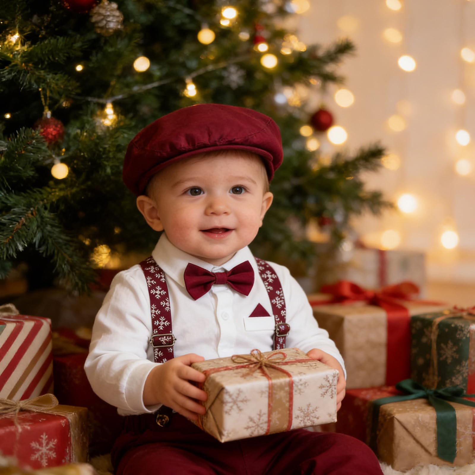 Tuta Elegante da Gentiluomo per Neonato con Bretelle, Pantaloni, Papillon e Coppola Abbigliamento Natalizio per Feste 6-24 Mesi